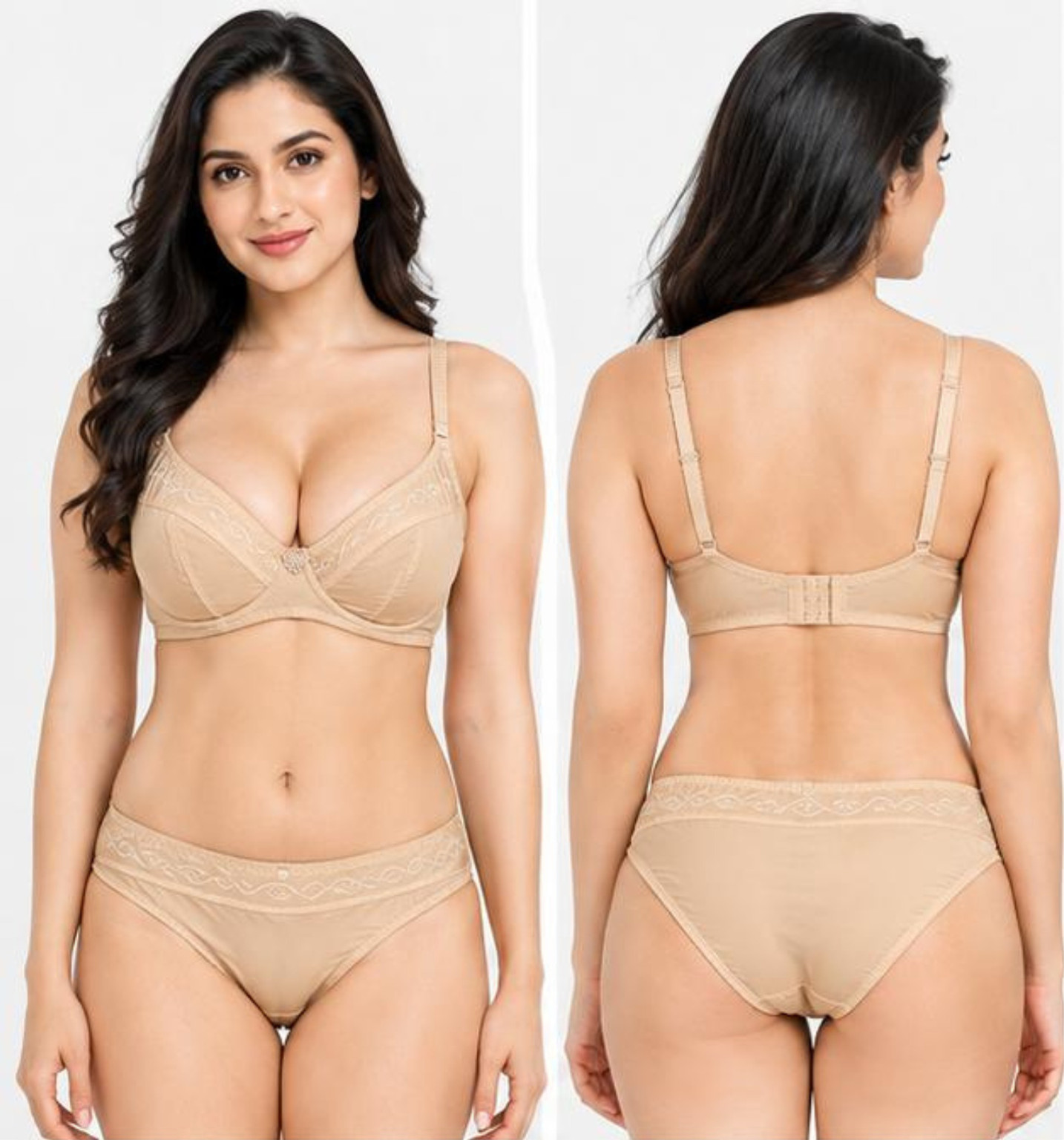 FemAuraFit Bra & Panty Set Embroidered, Solid Beige Lingerie Set — Bras and Panty Sets by Nyroka
