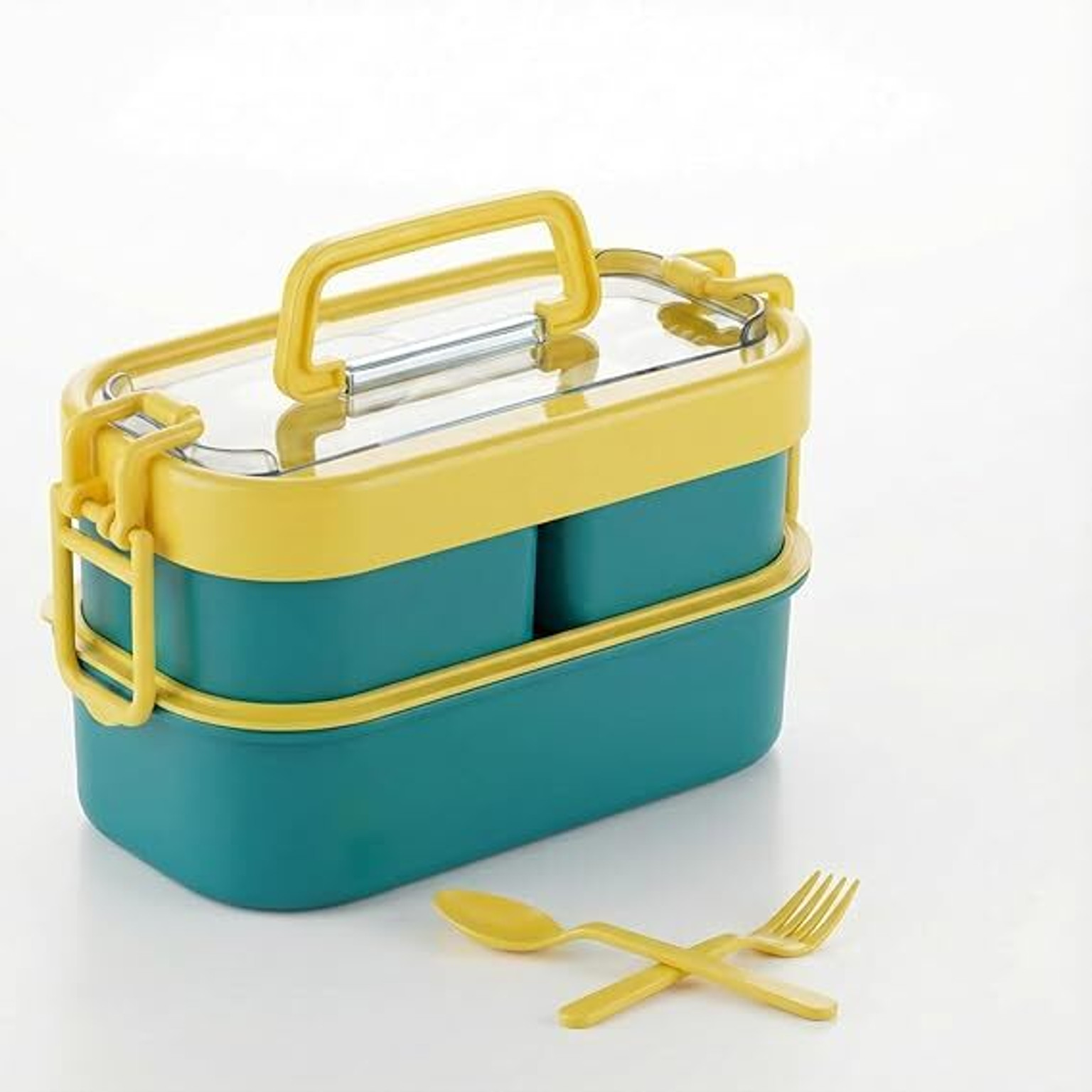 Stackable Lunch Box with Utensils, Teal and Yellow, 2-Tier Bento Box with Handle