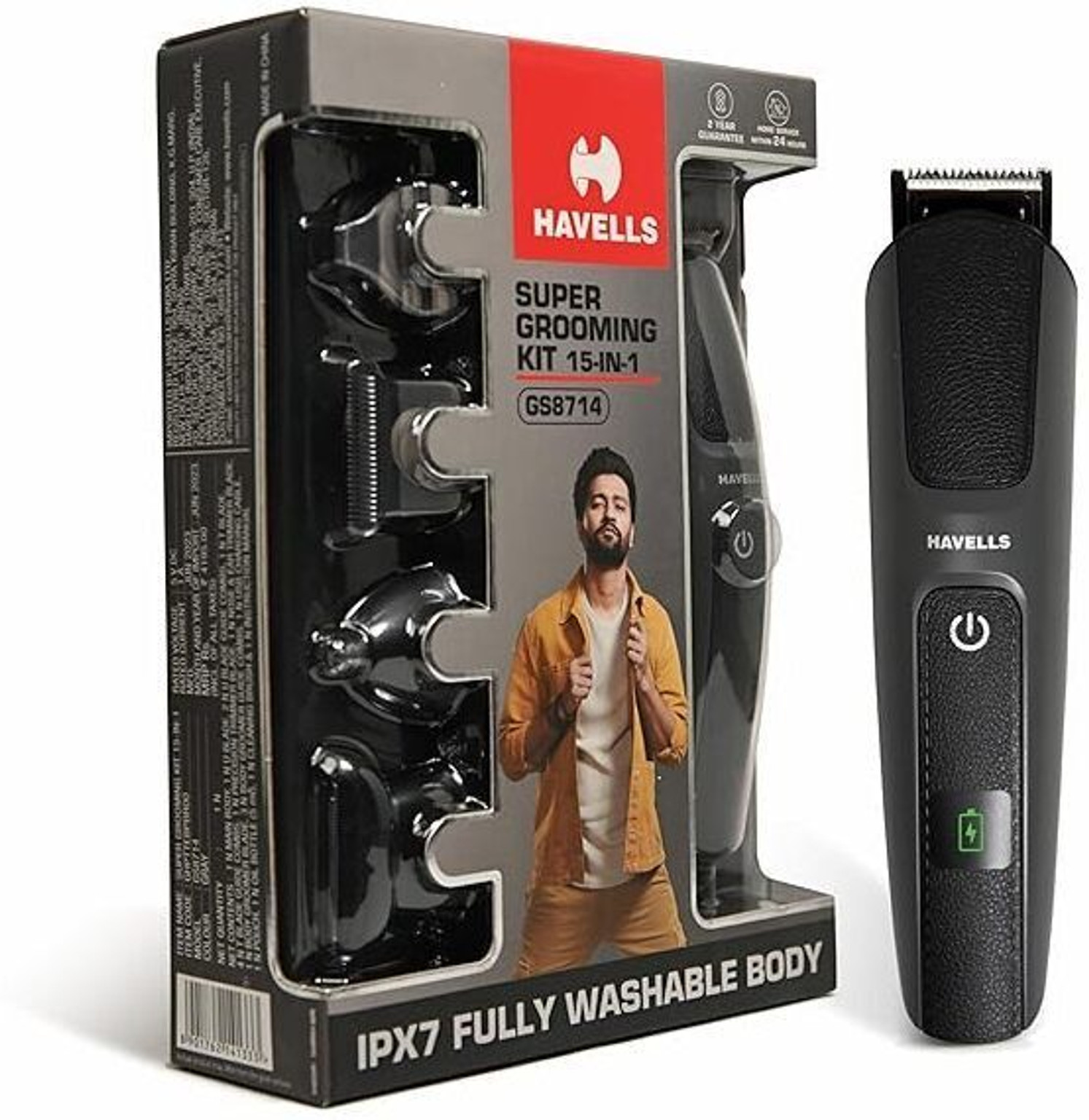 HAVELLS GS8714 | 15-in-1 Super Grooming Kit | Ipx7 Fully Washable and Body Groomer Fully Waterproof Grooming Kit 120 min  Runtime 10 Length Settings (Black, Grey)