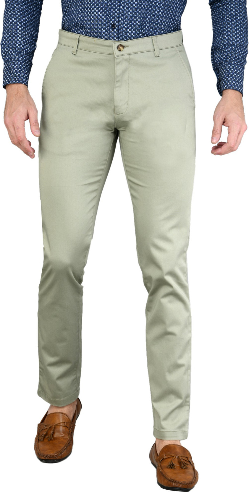 Men Slim Fit Light Green Cotton Blend Trousers