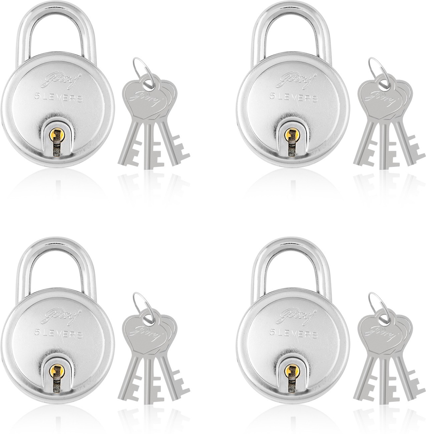 Godrej Locks 5 Levers - 3 Keys Round - Pack of 4 Padlock (Silver)