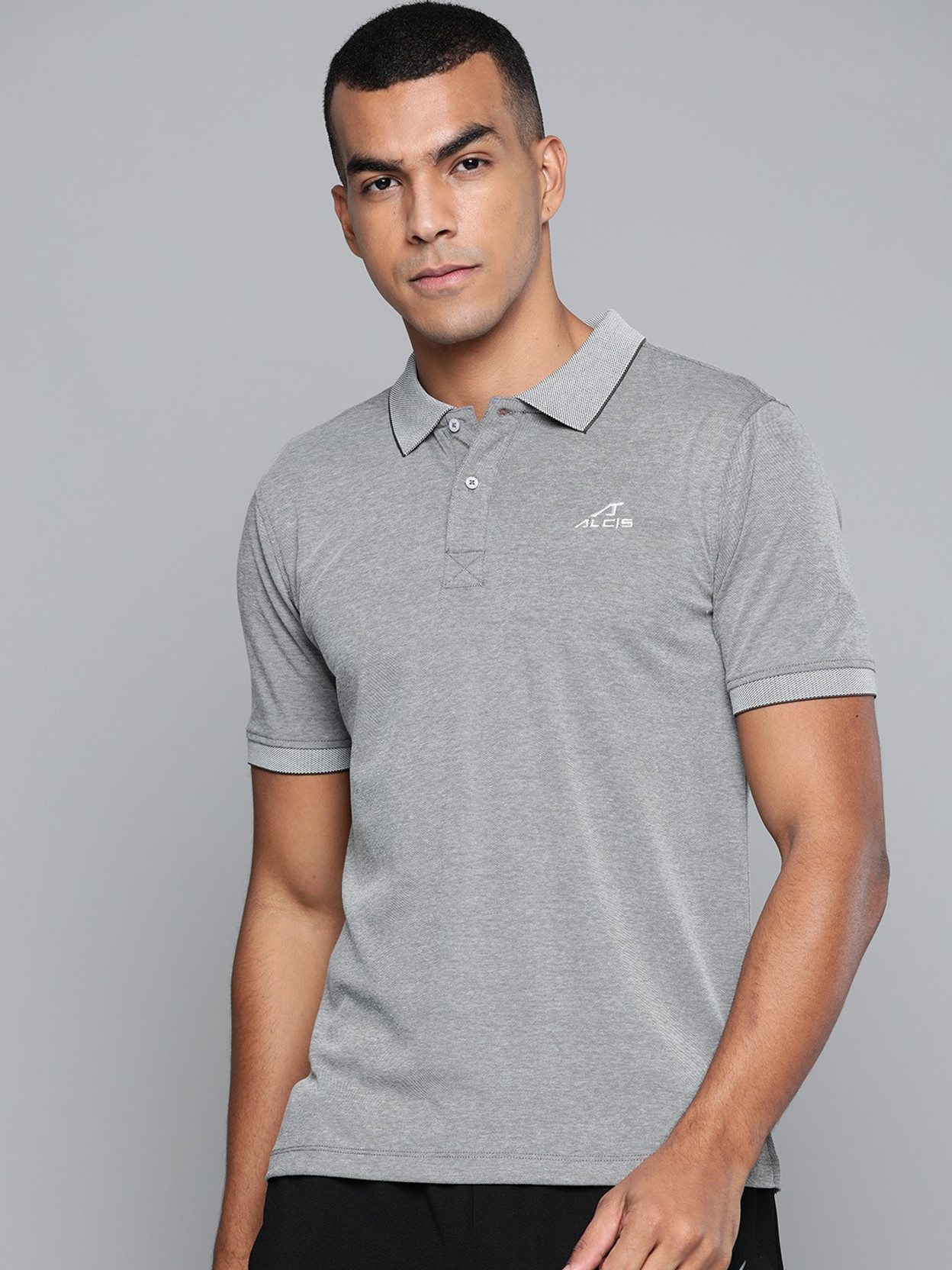 Men Self Design Polo Neck Pure Cotton Grey T-Shirt