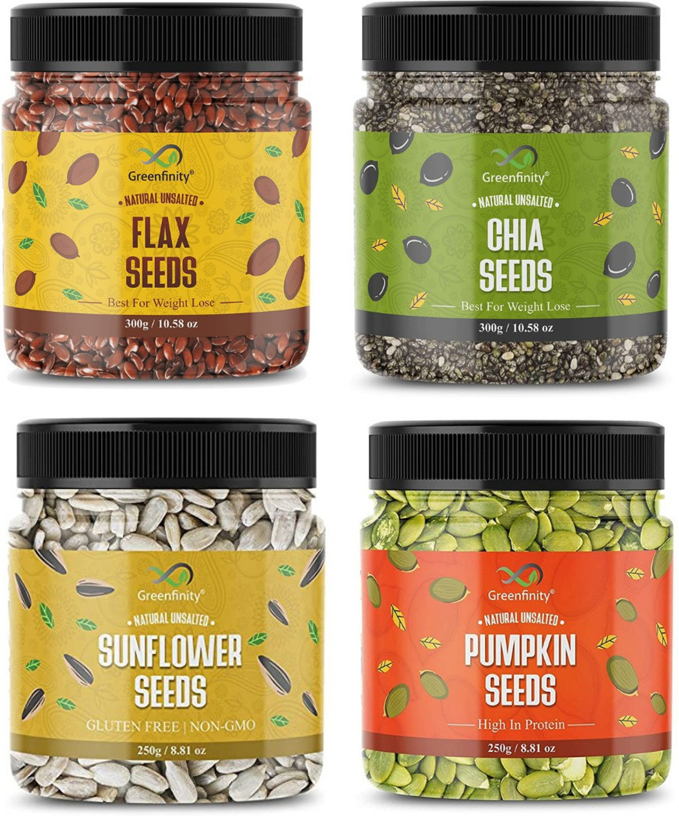 Greenfinity Combo Pack of Raw Flax and Chia Seeds - 300g and Raw Sunflower and Pumpkin Seeds - 250g Roasted Flax Seeds, Chia Seeds, Sunflower Seeds, Pumpkin Seeds