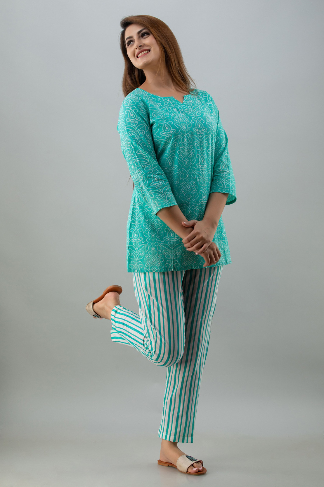 Women Top & Pyjama Set Light Blue Printed