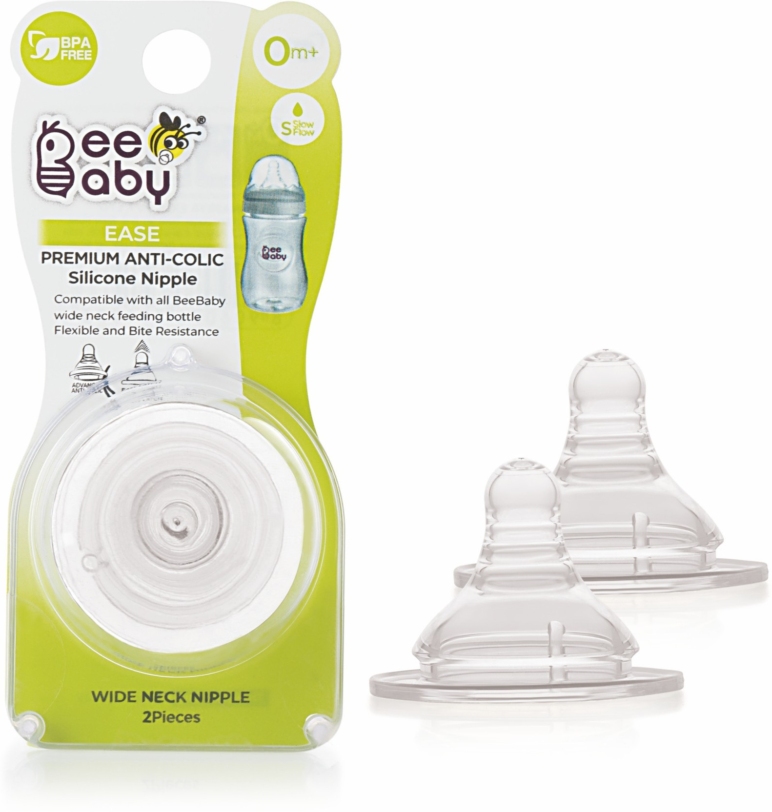 Beebaby Ease Anti-Colic Silicone Nipple with Carry Case for Wide Neck Baby Feeding Bottle. (S Size) (Pack of 2) 0M+ Slow Flow Nipple