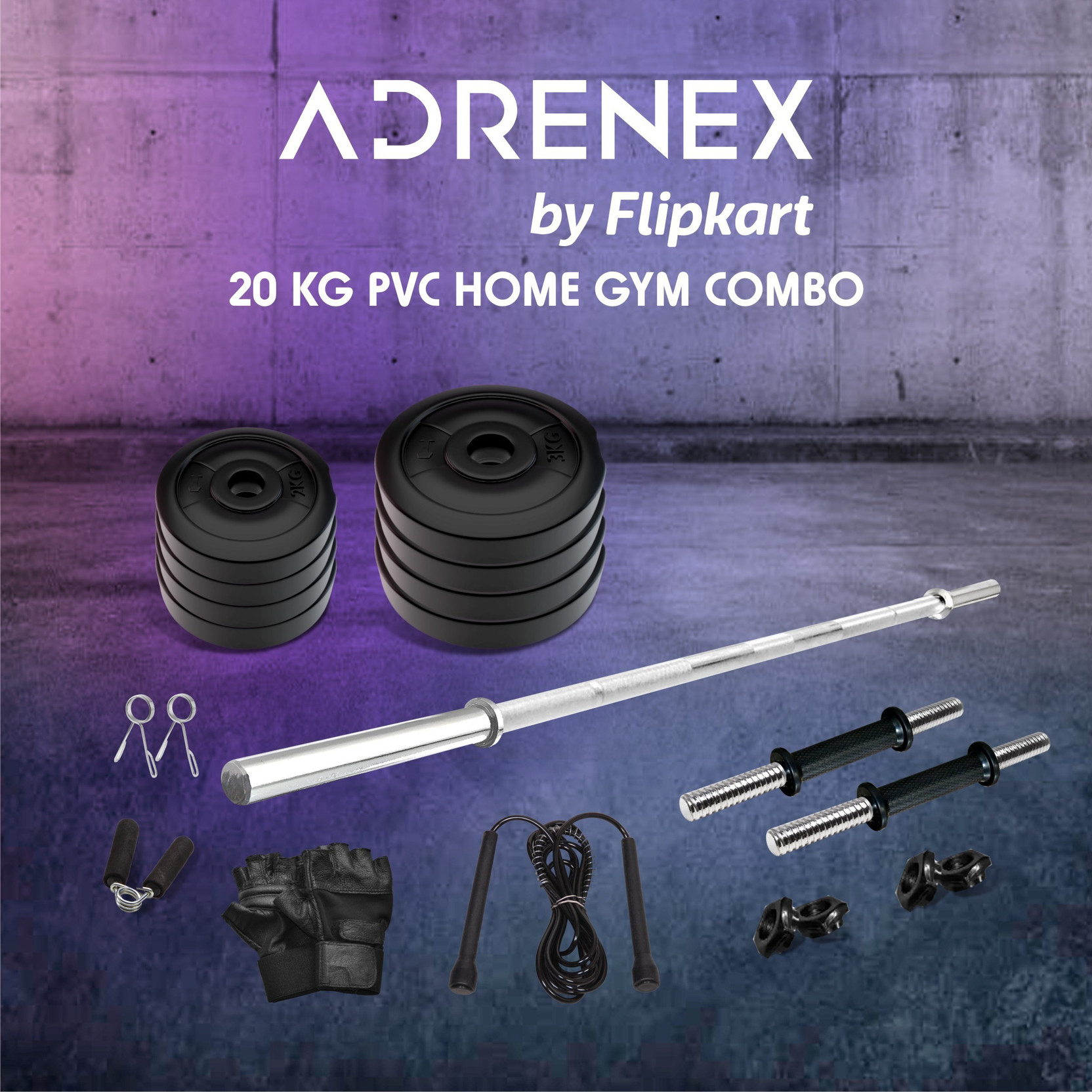 Adrenex 20 kg 20KG PVC Combo with ONE 4 FT Plain Rod and ONE Pair Dumbbell RODS Comes with Accessories Home Gym Combo