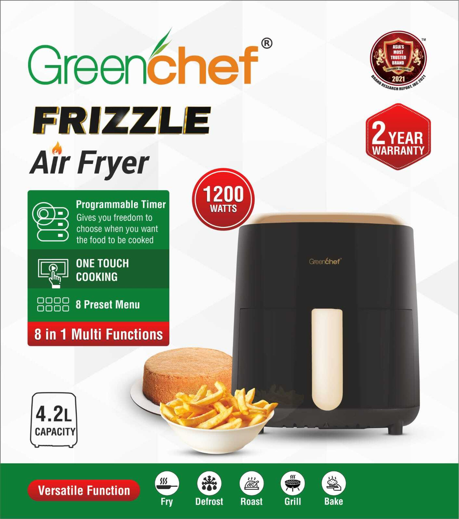 Greenchef Frizzle Air Fryer, 1200W, Touch Function, 8-in-1 Multi-Function, 2 Year Warranty Air Fryer