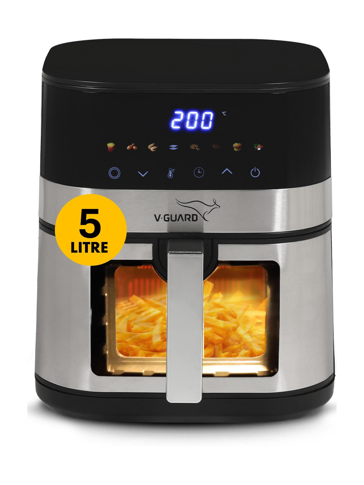 V-Guard Emocia Pro Air Fryer 5 Litre Capacity for 3-5 People | See-Through Window Air Fryer with Digital Display & Touch Control Panel Premium SS Finish Body See-Through Window 1350 W 8 Preset Menu Fr