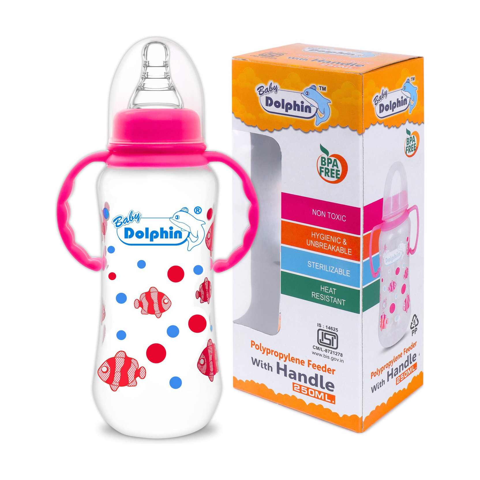 Baby Dolphin Anti-Colic Slim Neck Baby Feeding Bottle with Handle | BPA Free | 3m+, Fish - 250 ml