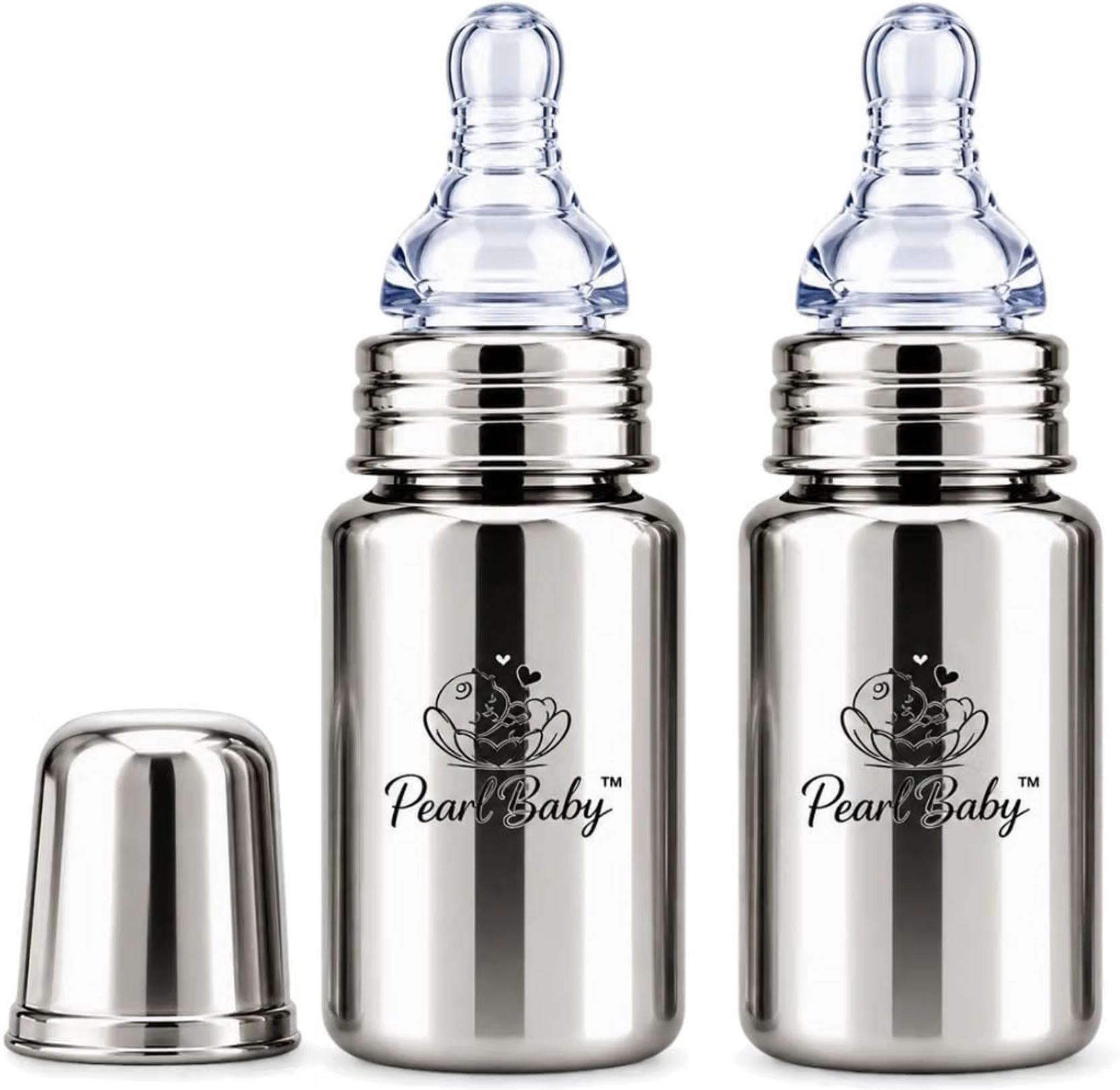 Pearl Baby Pure Sip StainlessSteel Baby Feeding Bottle(150ml pack of 2)with Silicone Nipple - 300 ml