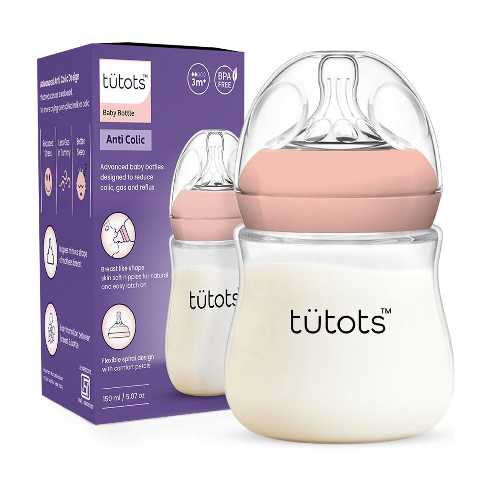 tutots Comfort Anti-Colic Wide Neck BPA Free Baby Feeding Bottle with Spiral Nipple - 150 ml