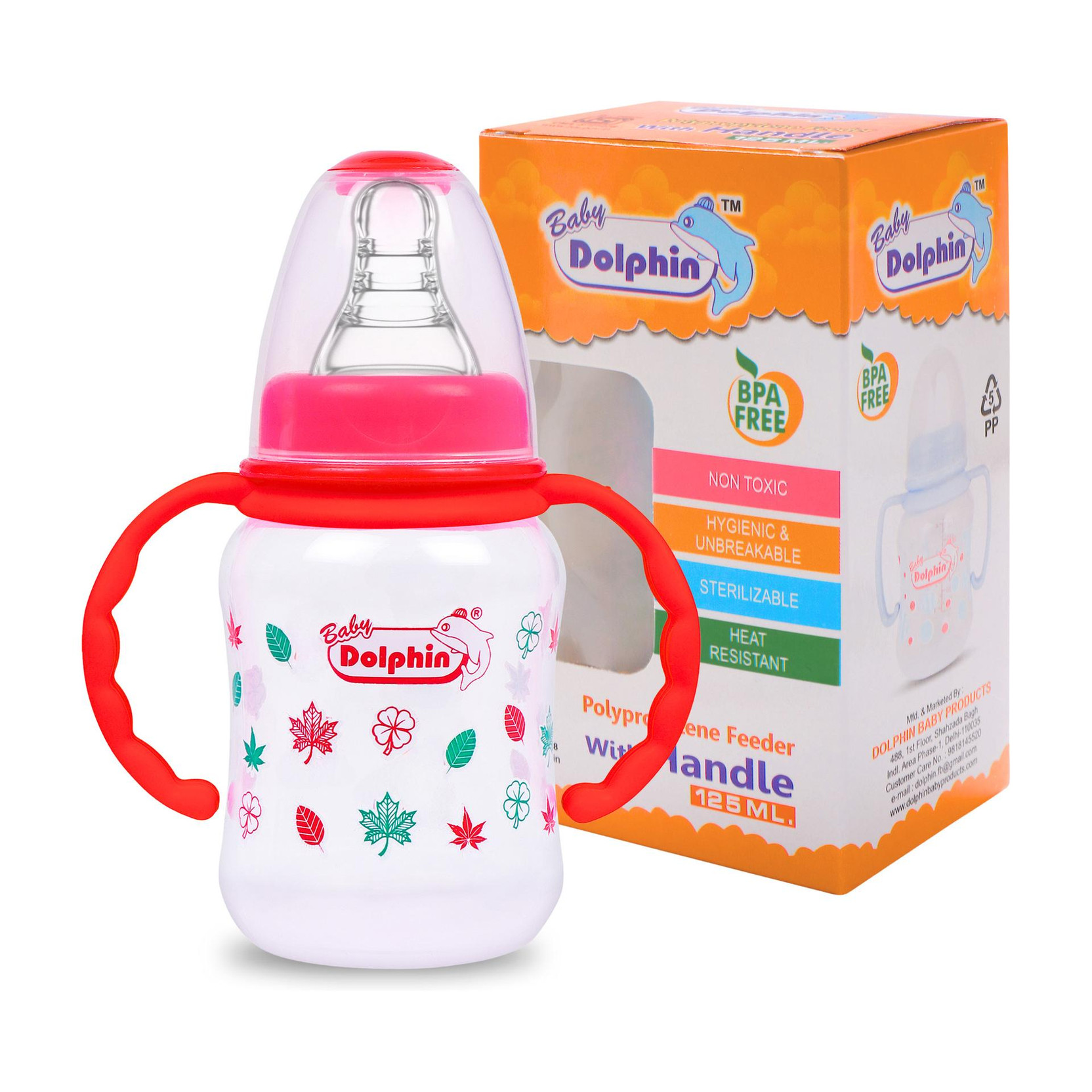 Baby Dolphin Anti-Colic Slim Neck Baby Feeding Bottle with Handle, BPA Free, Milk Bottle, 3m+ - 125 ml