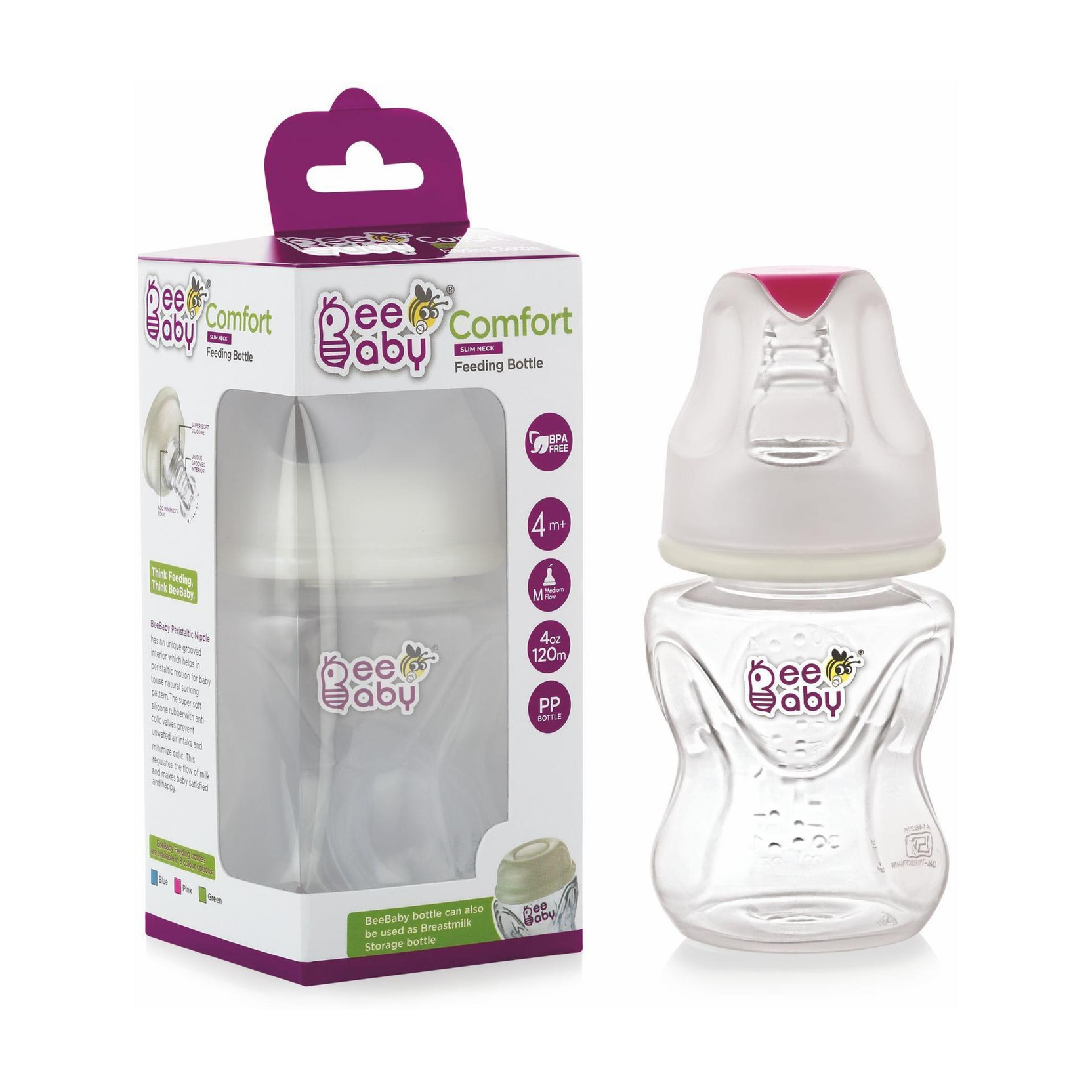 Beebaby Comfort Slim Neck Baby Feeding Bottle. 100% BPA Free (Pink) (120 ML / 4 Oz.) - 120 ml