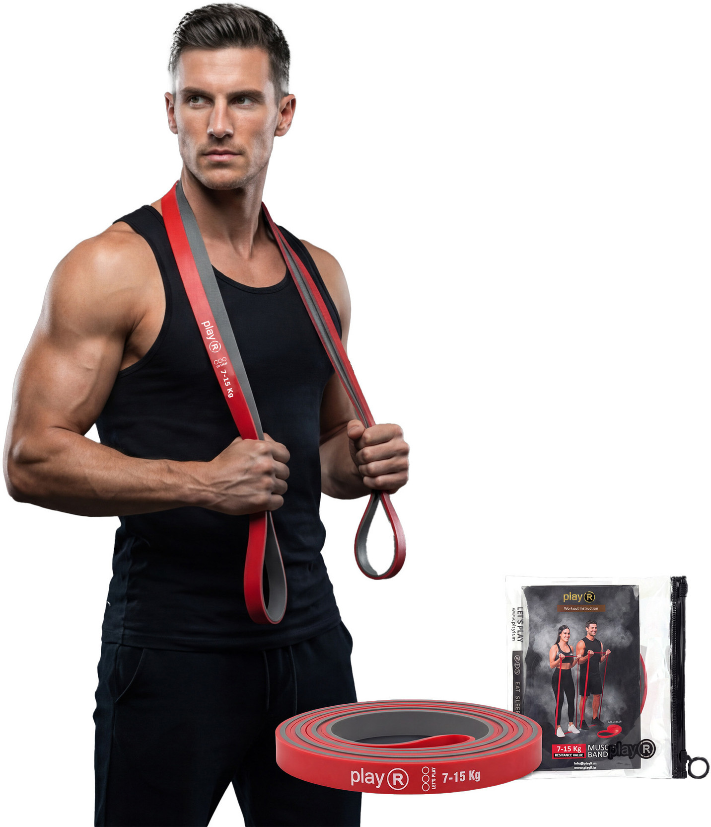 playR Heavy Muscle Resistance Band Dual Red Grey color Set of 1pc 7-15 Kg Resistance Tube