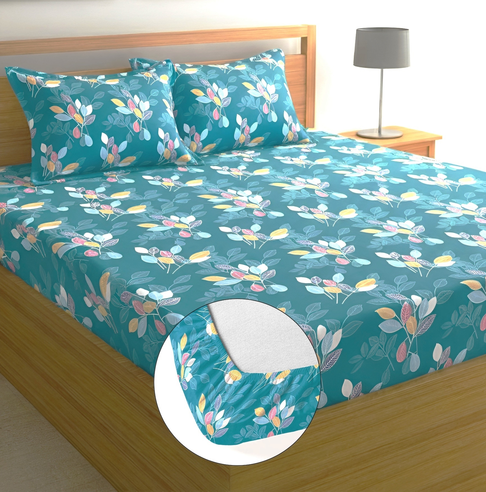 Moonroof Cotton Double Fitted (Elastic) 244 TC Printed 1 Summer Bedsheet with 2 Pillow Covers