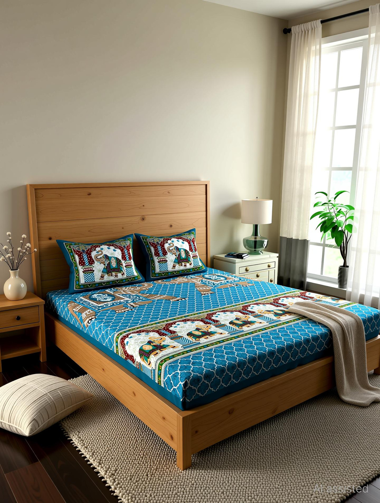 LA VERNE Cotton Double Flat 144 TC Jaipuri Prints 1 Bedsheet with 2 Pillow Covers