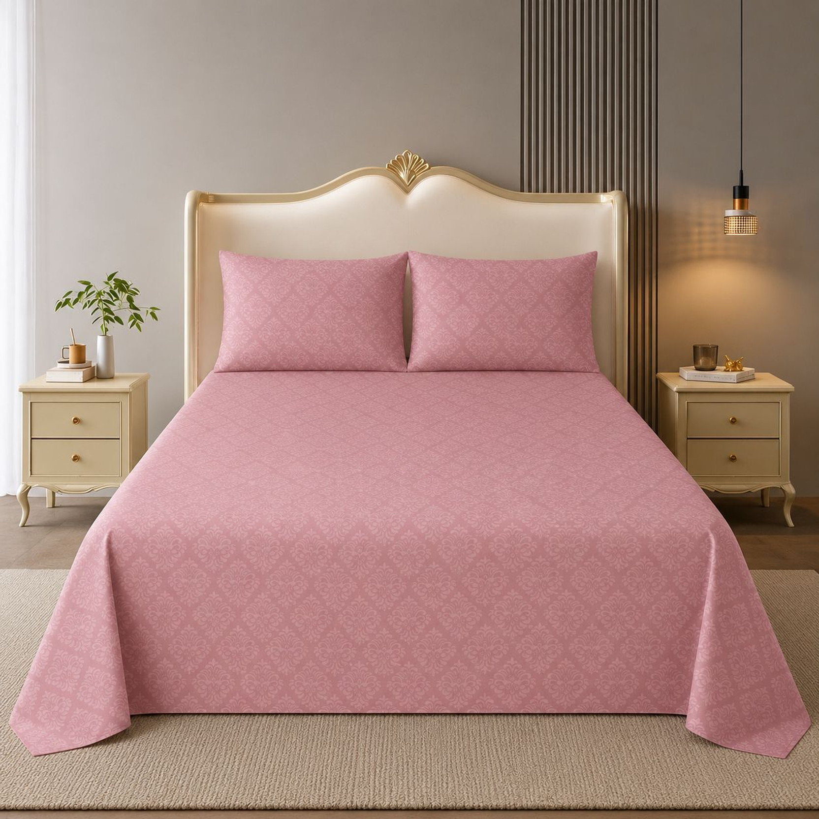 MIGHTYCOZY Cotton Super King Flat 300 TC Printed 1 Bedsheet with 2 Pillow Covers