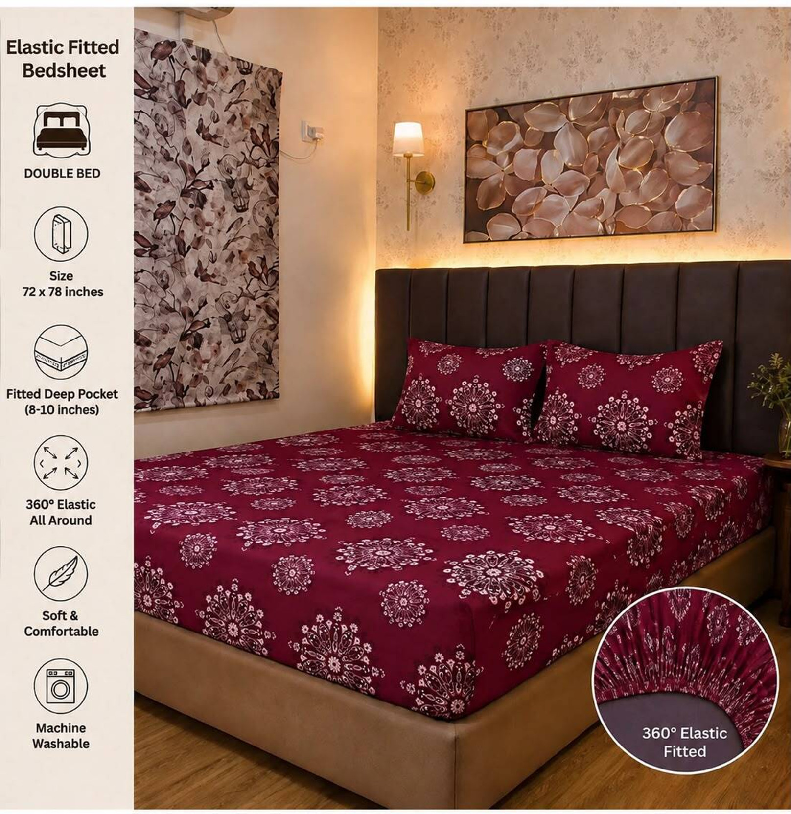 PARSHANTHUB Bamboo Cotton, Cotton, Cotton Blend, Linen Cotton, Polycotton Double, Queen Fitted (Elastic) 180 TC Floral 1 Summer Bedsheet with 2 Pillow Covers, 2 Cushion Covers