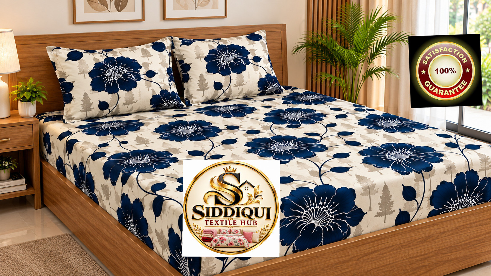Siddiqui Textile Hub Cotton Blend Double Fitted (Elastic) 300 TC Floral 1 Summer Bedsheet with 2 Pillow Covers