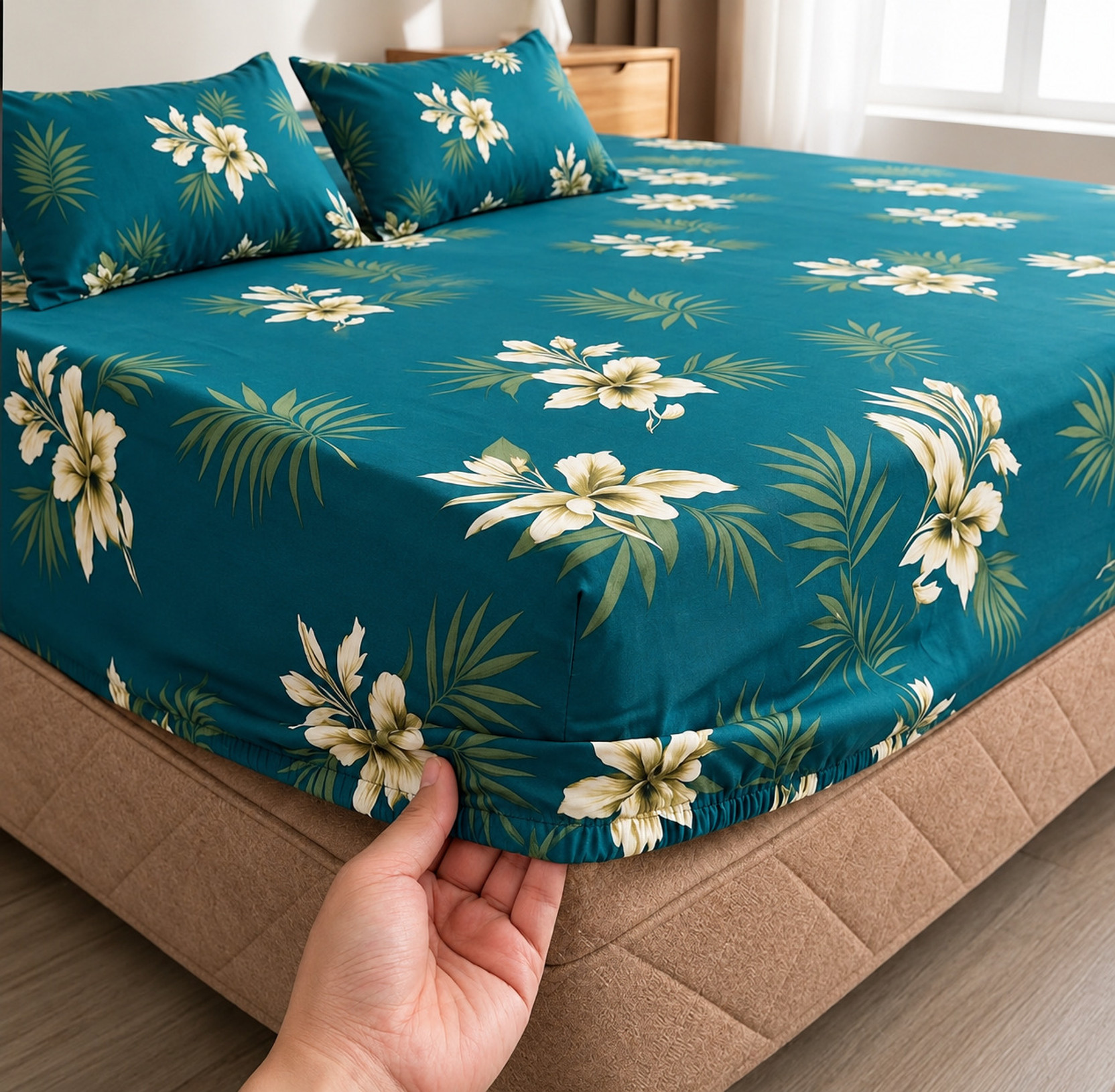 Bedsheat hub Cotton Double Fitted (Elastic) 320 TC Floral 1 Bedsheet