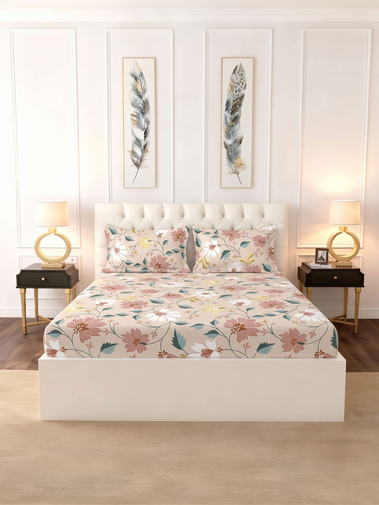 Raymond Home Cotton Double Fitted (Elastic) 104 TC Printed 1 Bedsheet