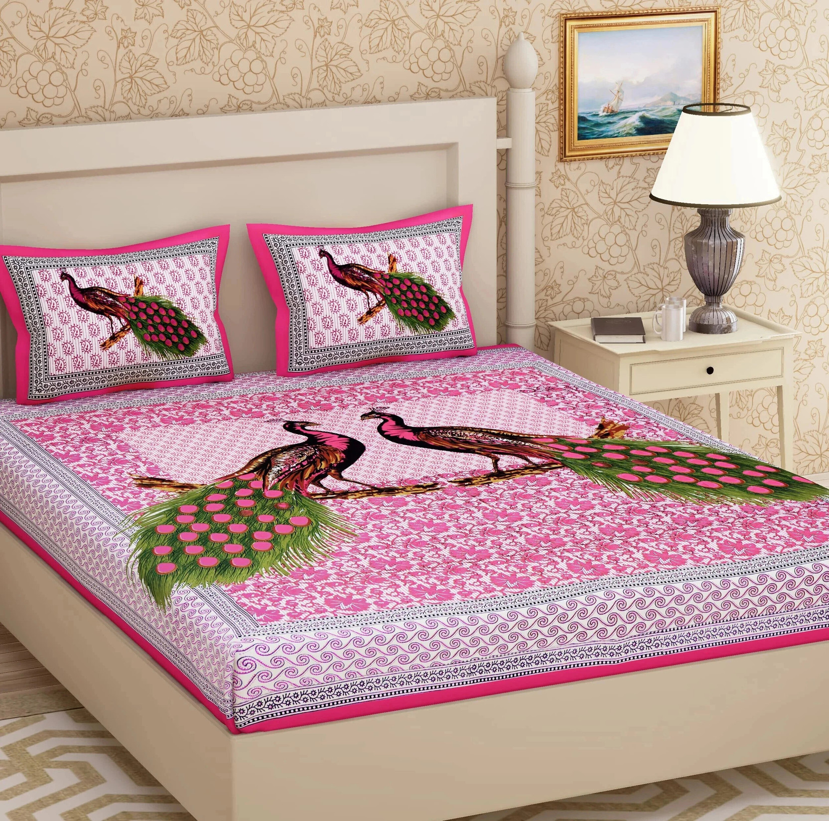 Leo Creation Cotton Double Flat 144 TC Printed 1 Bedsheet with 2 Pillow Covers