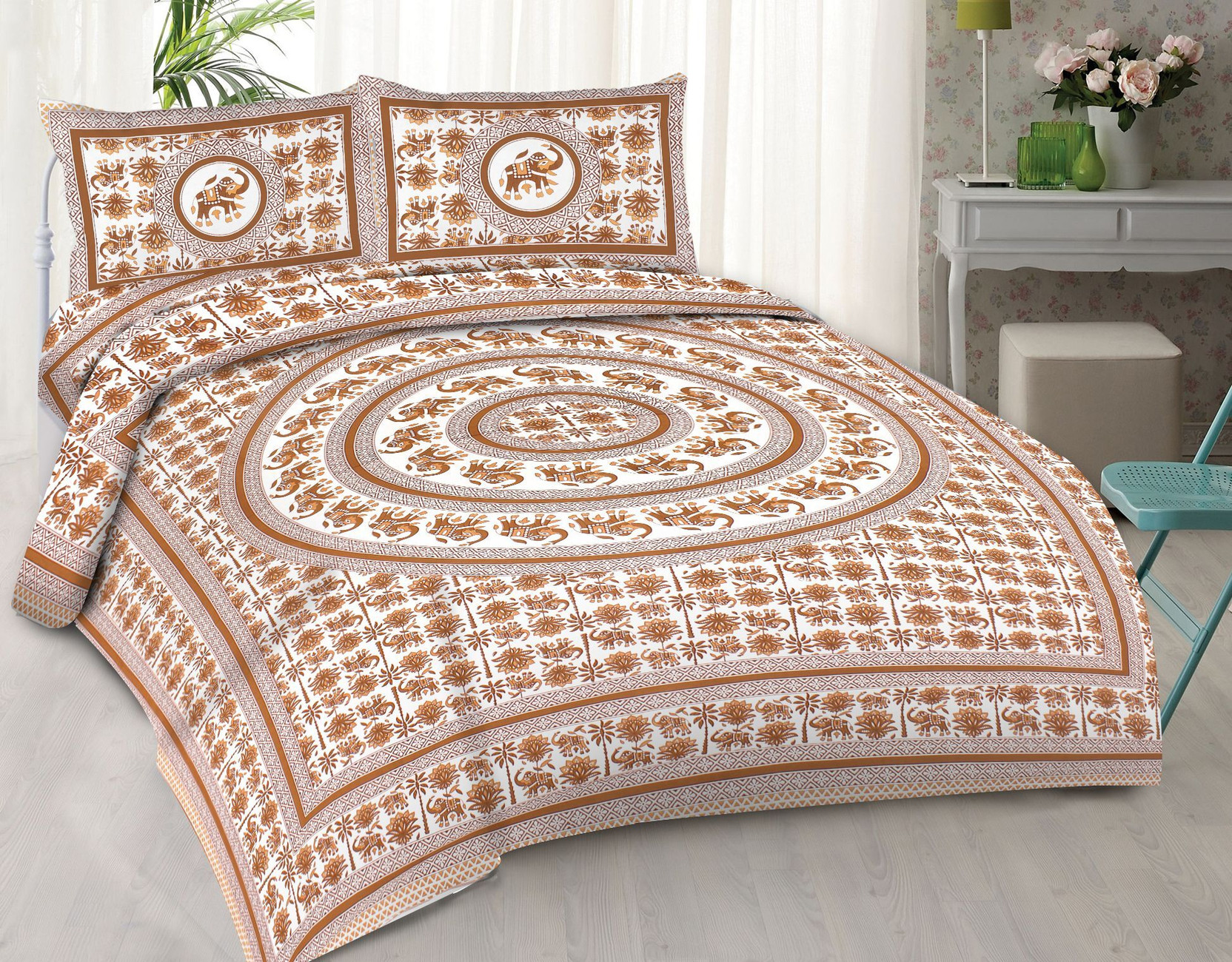 Art World Cotton King Flat 300 TC Printed 1 Bedsheet with 2 Pillow Covers