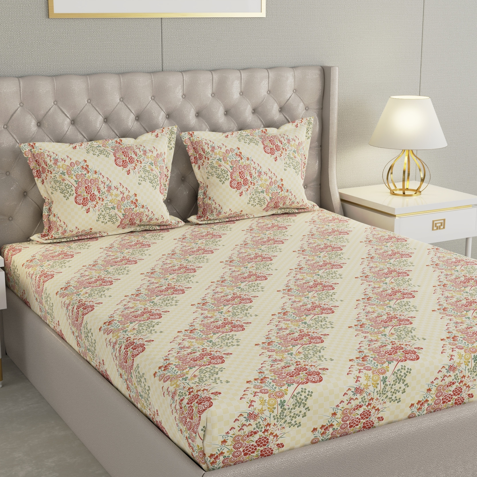 Raymond Home Cotton Double Flat 104 TC Printed 1 Bedsheet with 2 Pillow Covers
