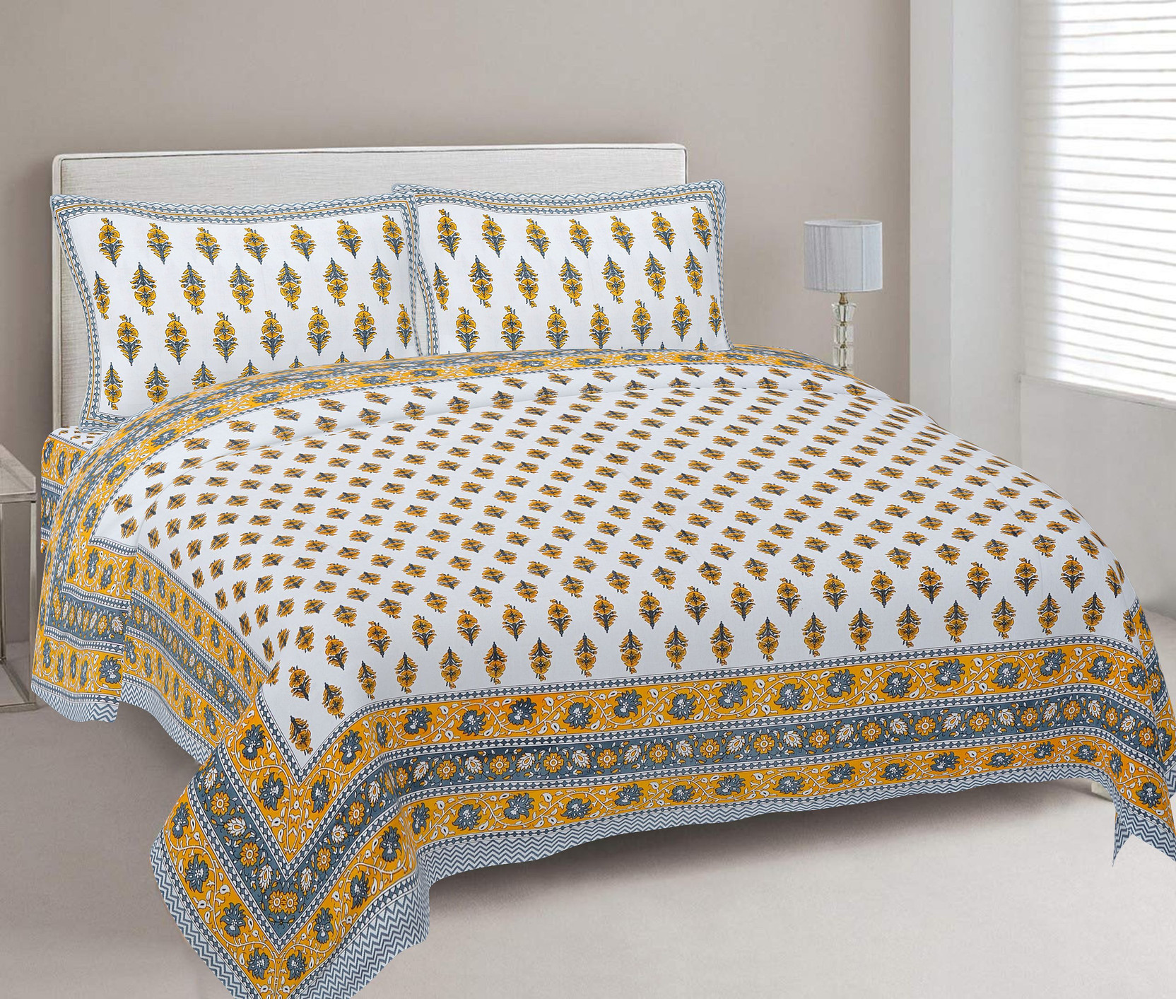Art World Cotton King Flat 300 TC Printed 1 Bedsheet with 2 Pillow Covers
