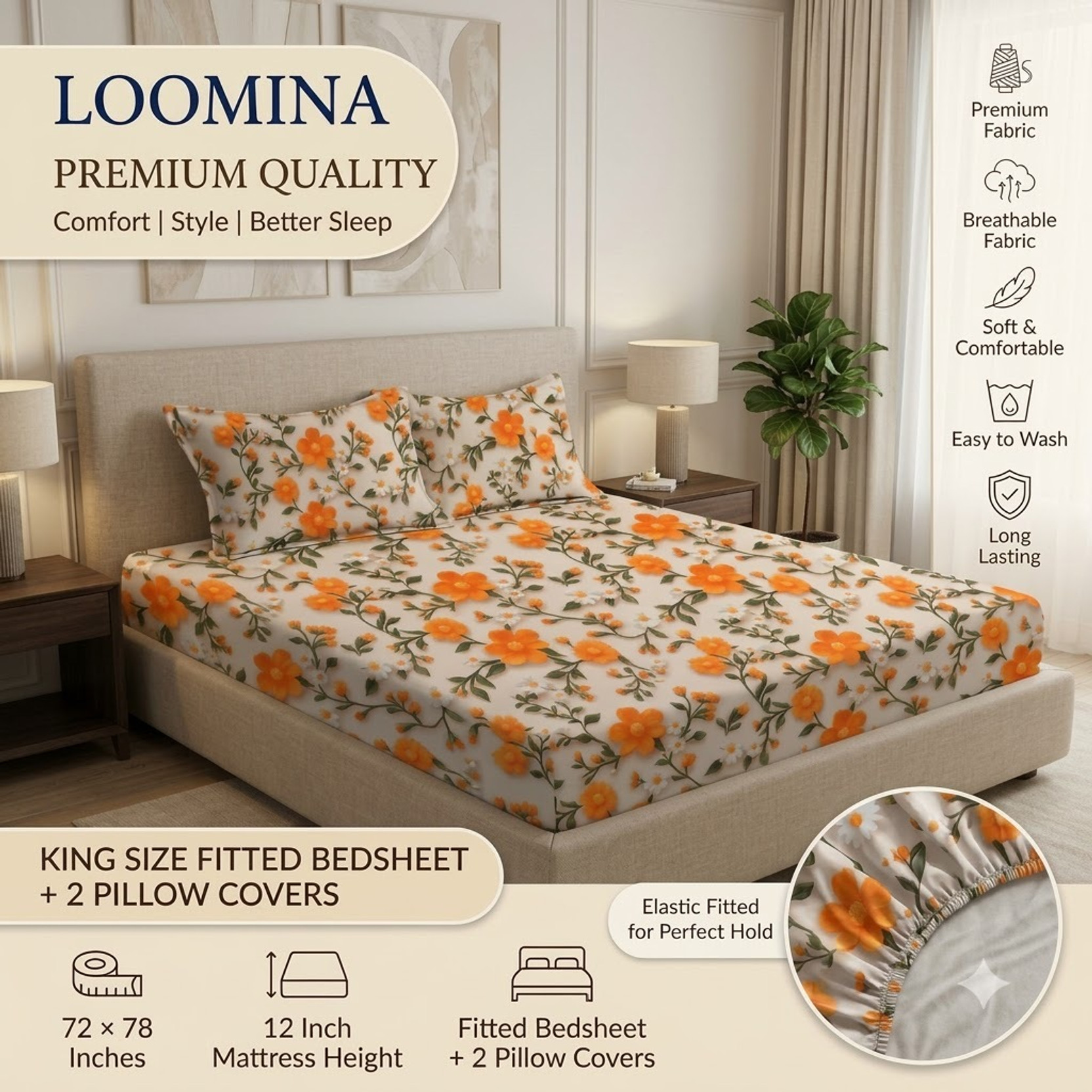LOOMINA Cotton Double, King, Queen Fitted (Elastic) 300 TC Floral 1 Summer Bedsheet with 2 Pillow Covers