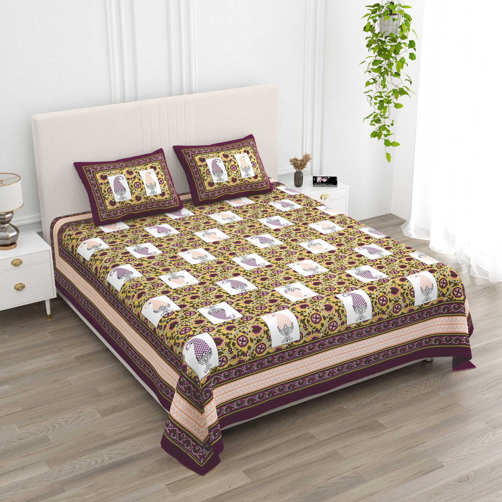 preloom Cotton Double Flat 300 TC Printed 1 Summer Bedsheet with 2 Pillow Covers