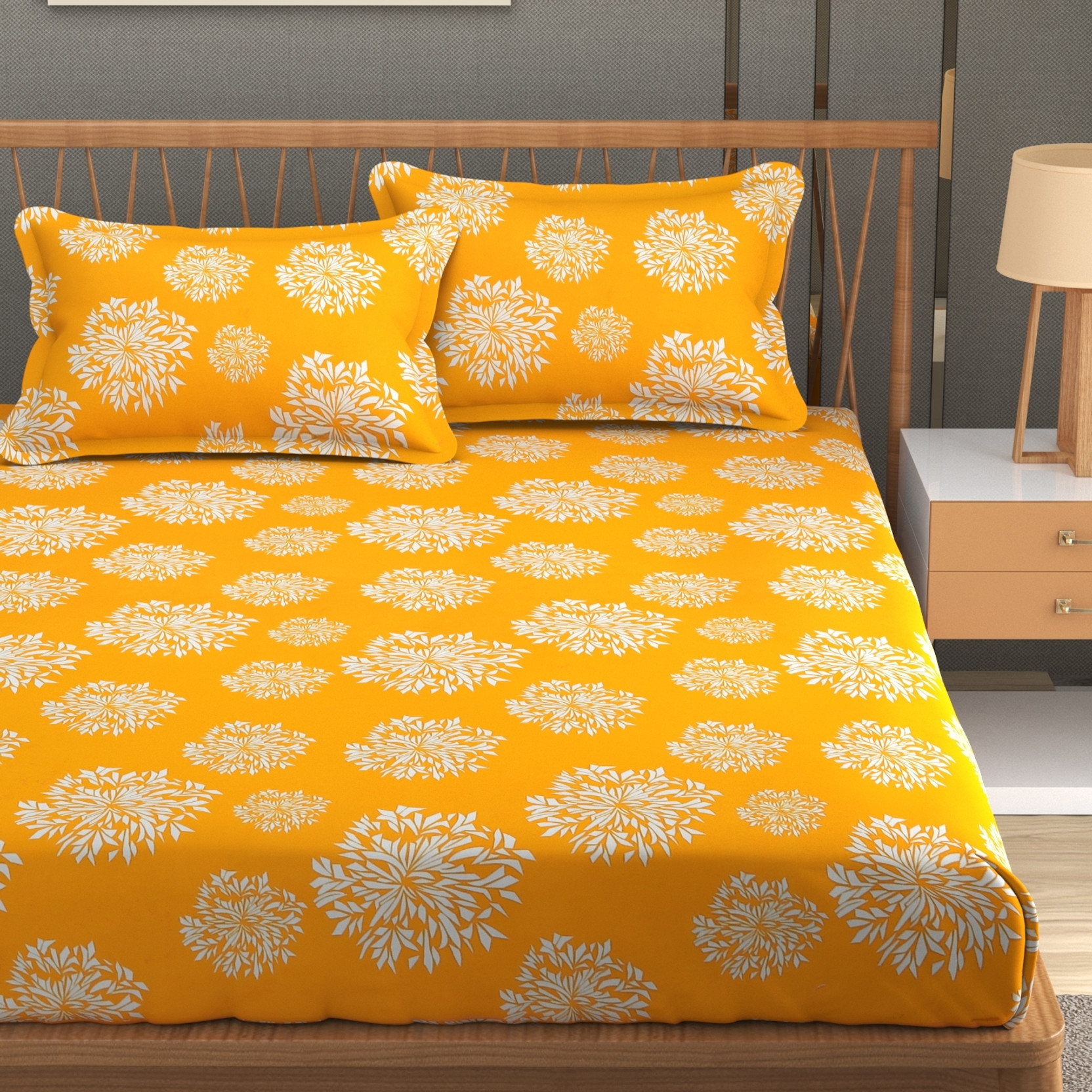 BEDCOUDRE Cotton King Fitted (Elastic) 300 TC Floral 1 Bedsheet with 2 Pillow Covers