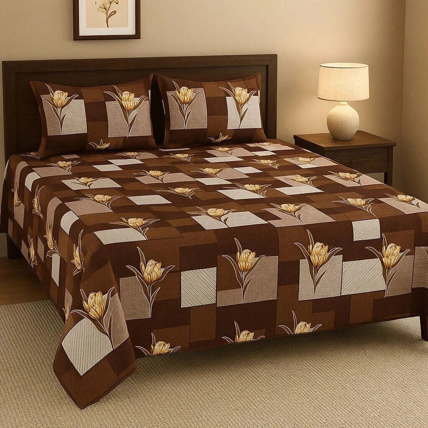 SCHp Cotton Double Flat 320 TC Printed 1 Bedsheet with 2 Pillow Covers