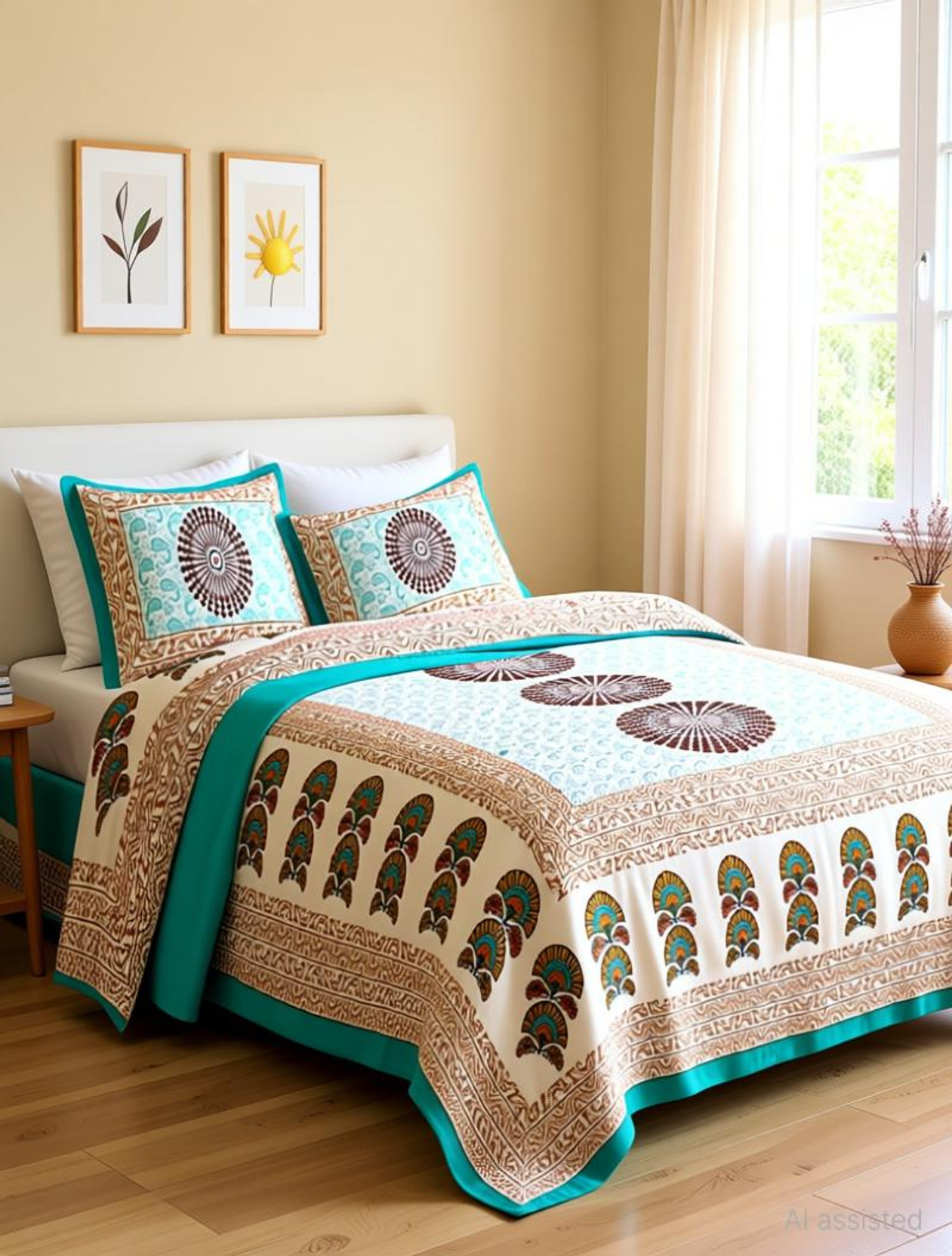 SANGANERI HANDBLOCK Cotton King Flat 300 TC Jaipuri Prints 1 Bedsheet with 2 Pillow Covers