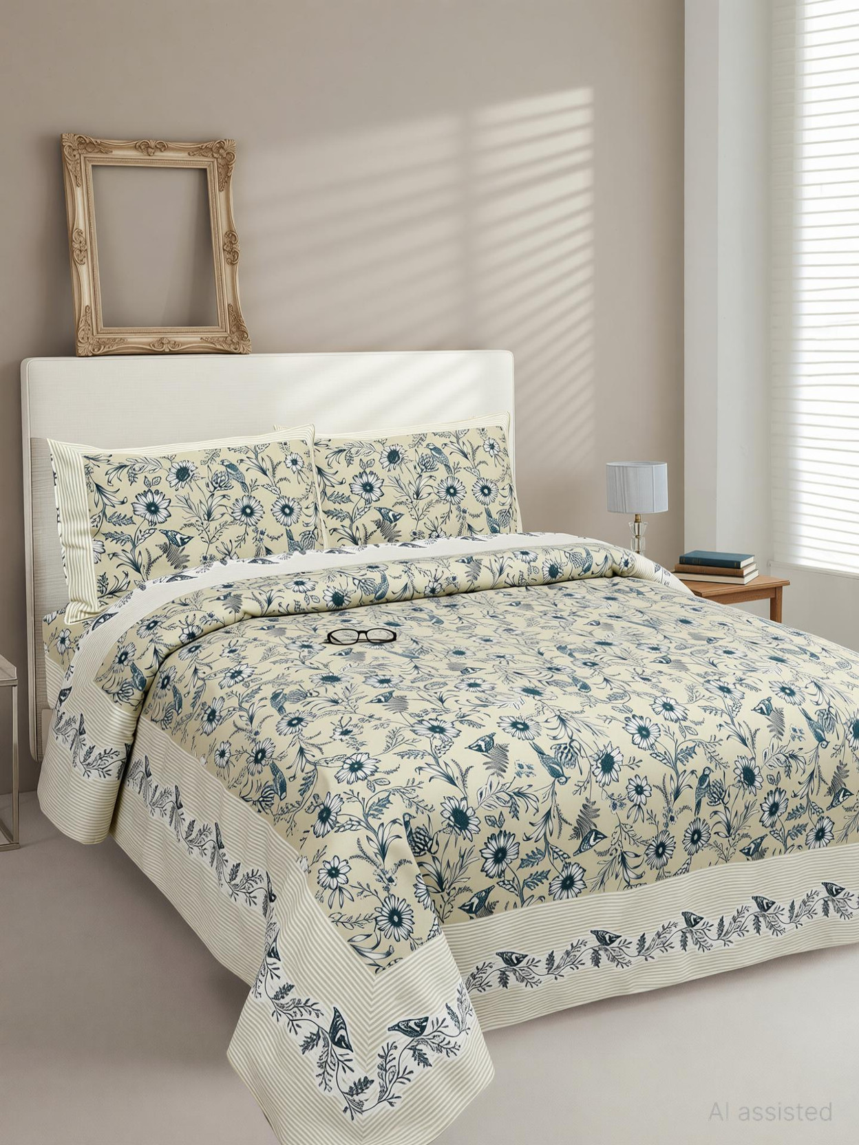 Mafatlal Cotton Double Flat 144 TC Floral 1 Bedsheet with 2 Pillow Covers