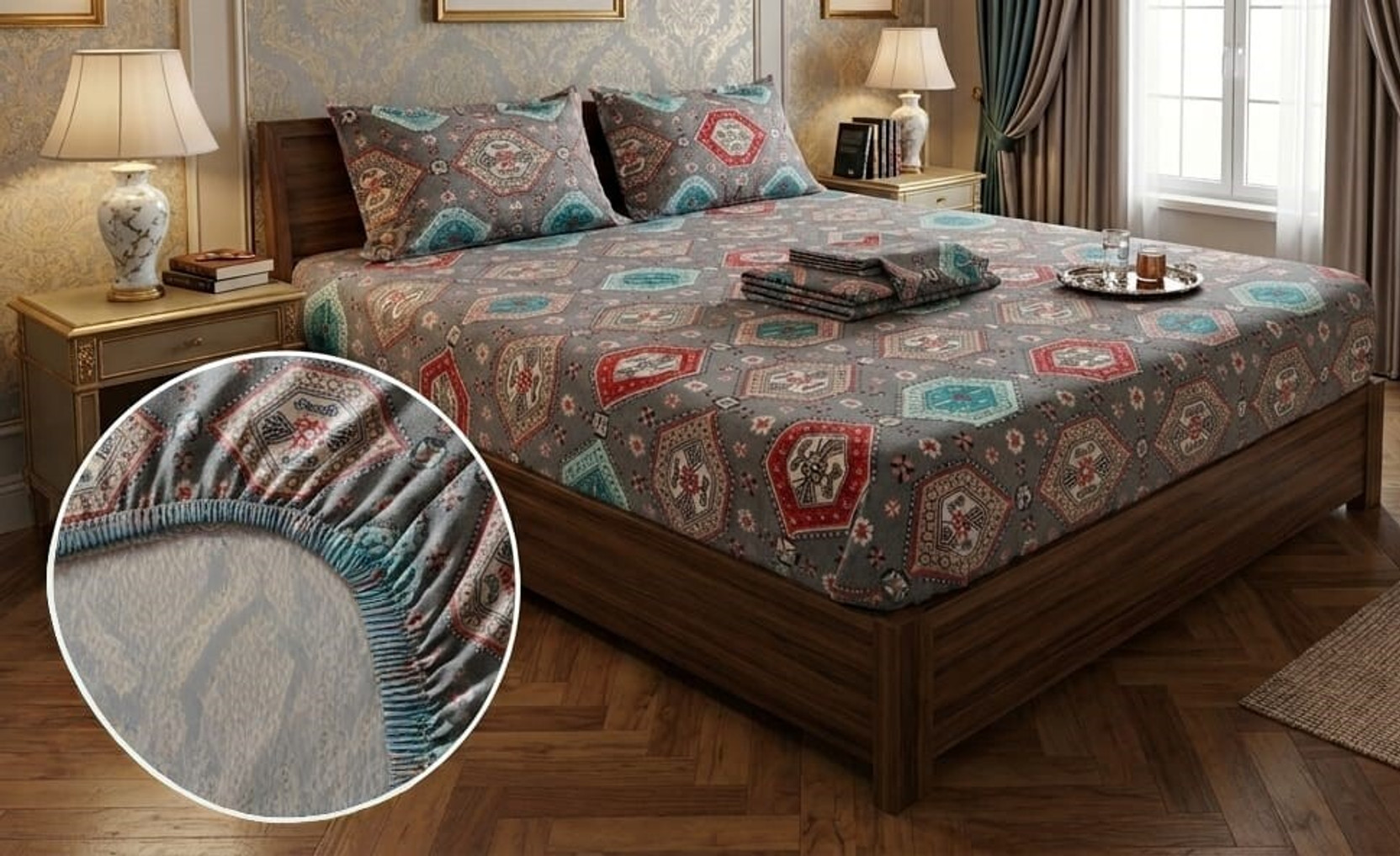 adyna home Cotton King Fitted (Elastic) 300 TC Printed 1 Summer Bedsheet with 2 Pillow Covers