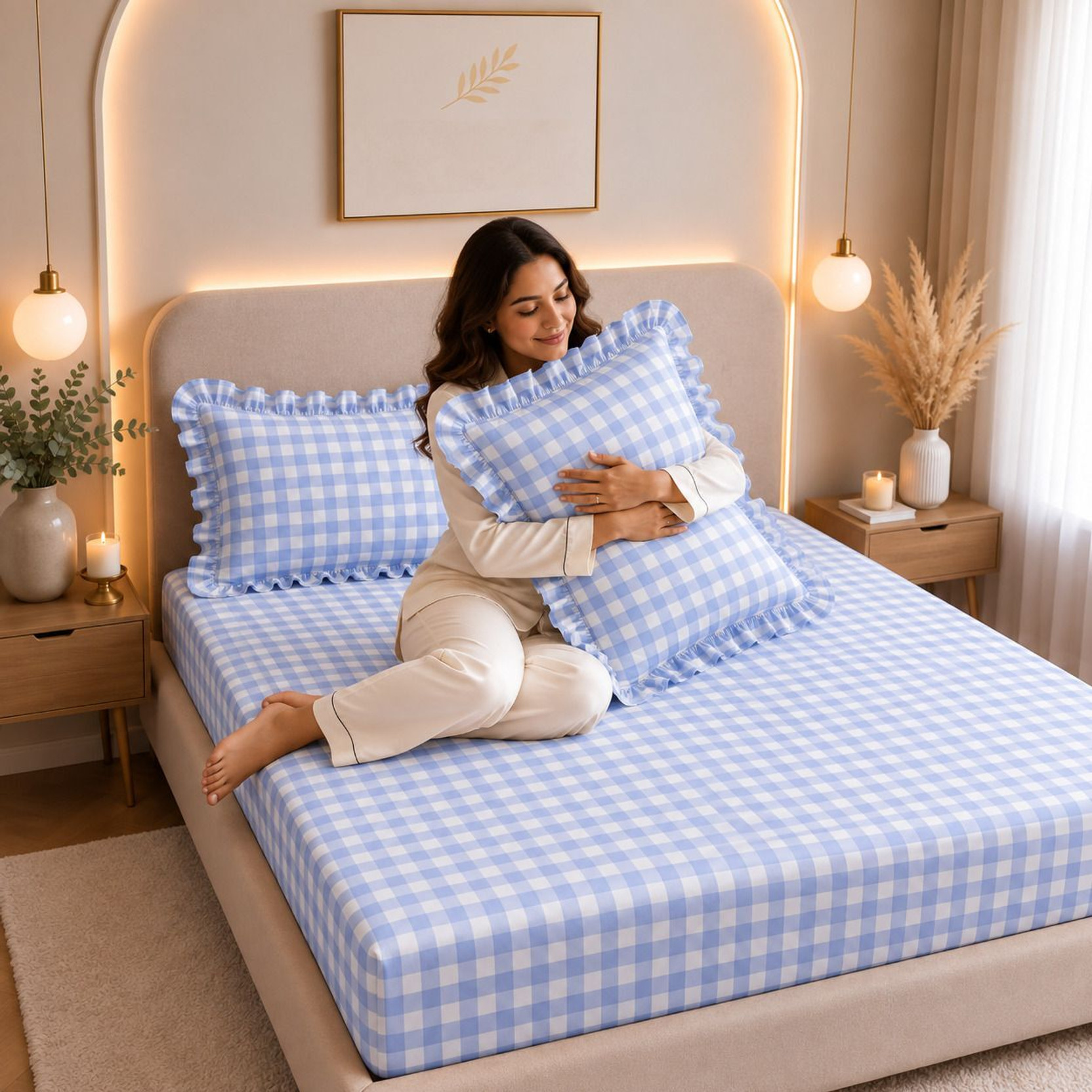 villablanca Cotton King Fitted (Elastic) 280 TC Checkered 1 Bedsheet