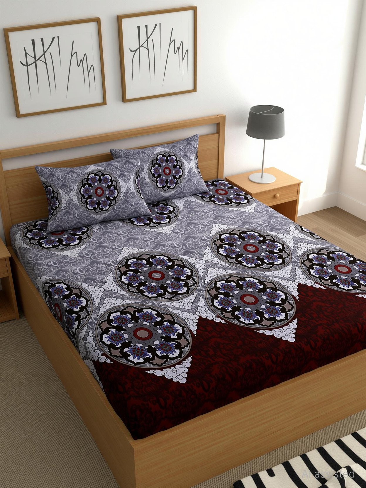 CG Homes Cotton Double Fitted (Elastic) 180 TC 3D Printed 1 Bedsheet with 2 Pillow Covers
