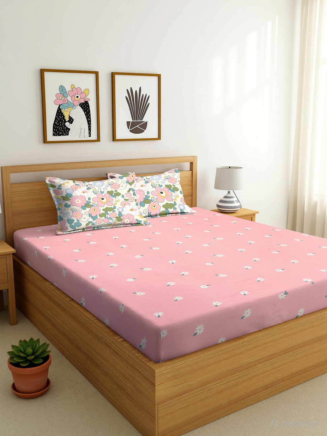 SUKHAURA Cotton Double Fitted (Elastic) 244 TC Printed 1 Bedsheet with 2 Pillow Covers