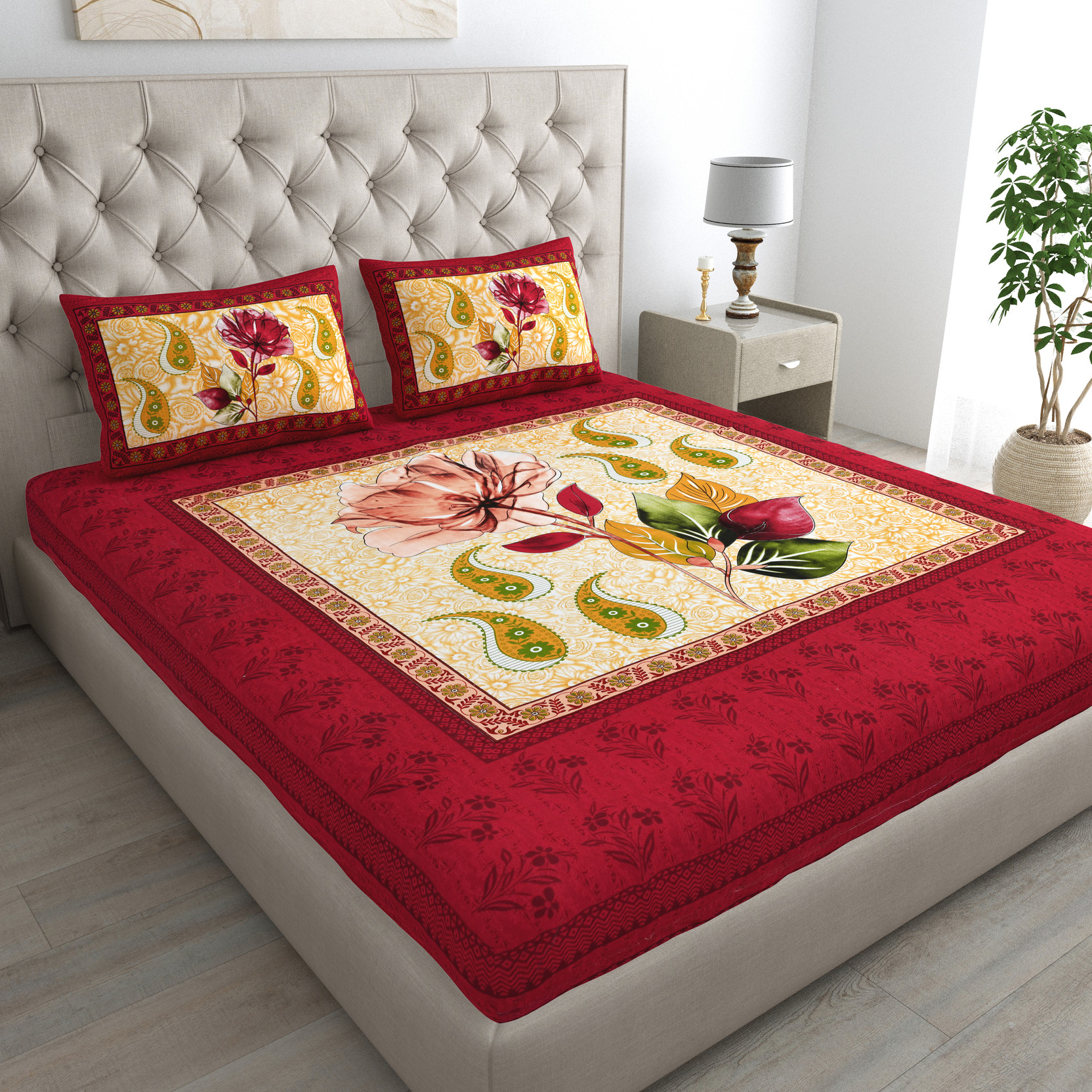 Cosito Cotton Double Flat 144 TC Printed 1 Bedsheet with 2 Pillow Covers