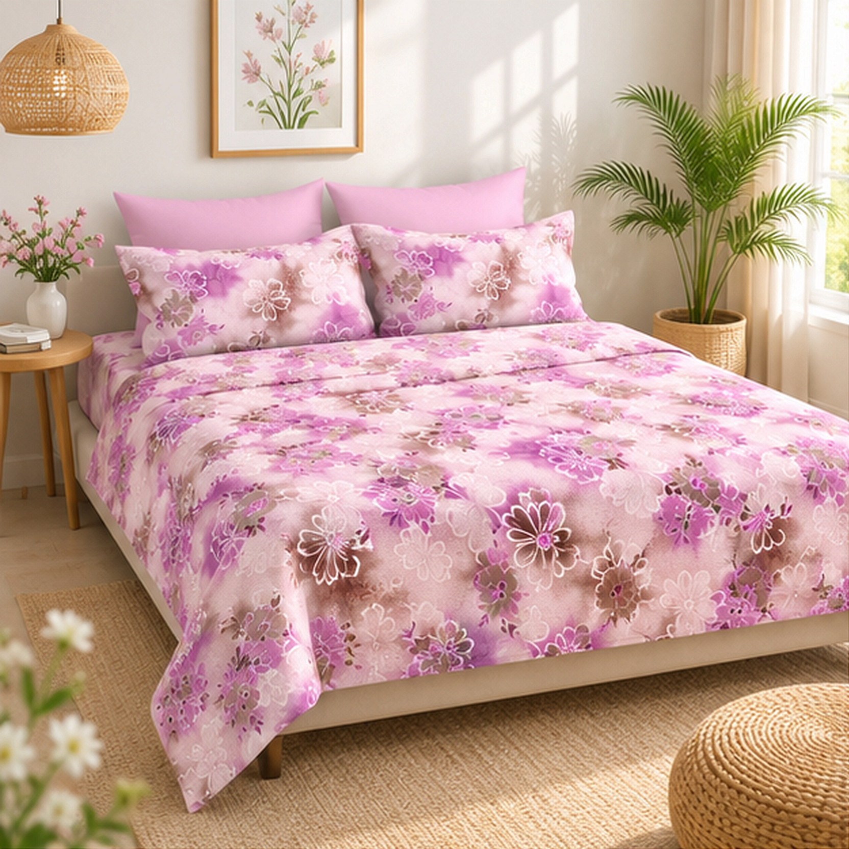 Bombay Dyeing Cotton Double Flat 180 TC Printed 1 Bedsheet with 2 Pillow Covers