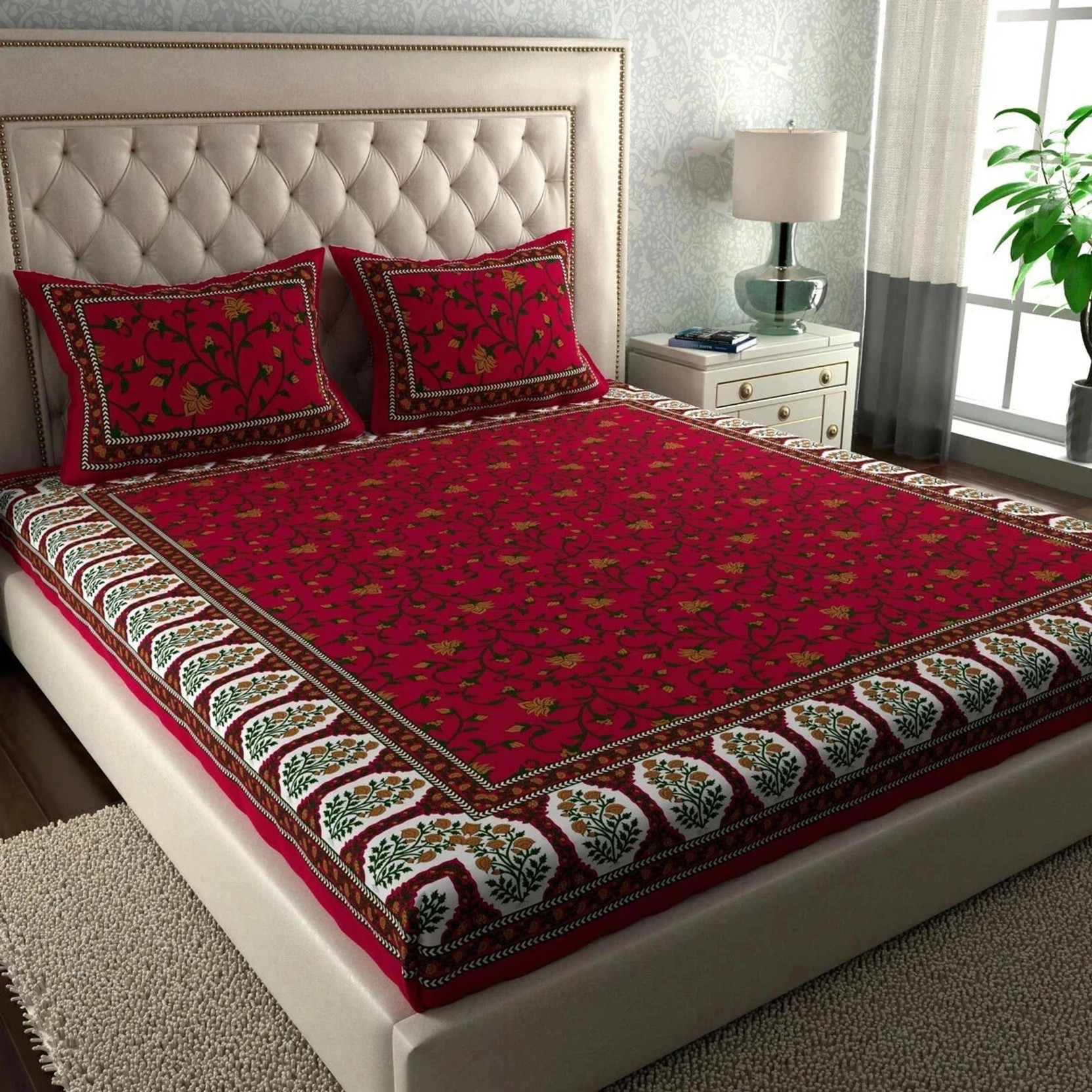 Cosito Cotton Double Flat 144 TC Printed 1 Bedsheet with 2 Pillow Covers