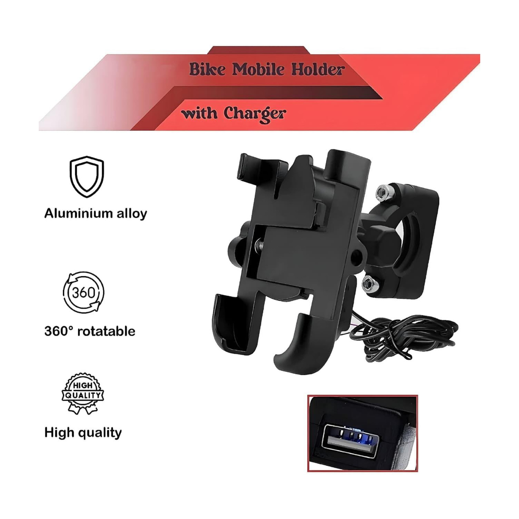 TheVarietyHouse Aluminium Alloy 360° Rotatable Bike Mobile Holder with USB Charger Bike Mobile Holder