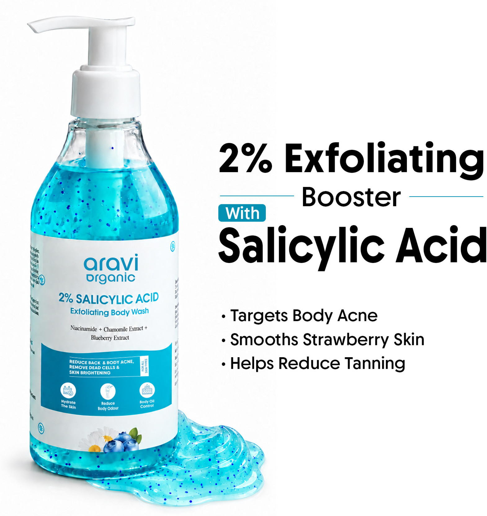 Aravi Organic 2% Salicylic Acid Exfoliating Body Wash for Body Acne,Tan & Strawberry Skin