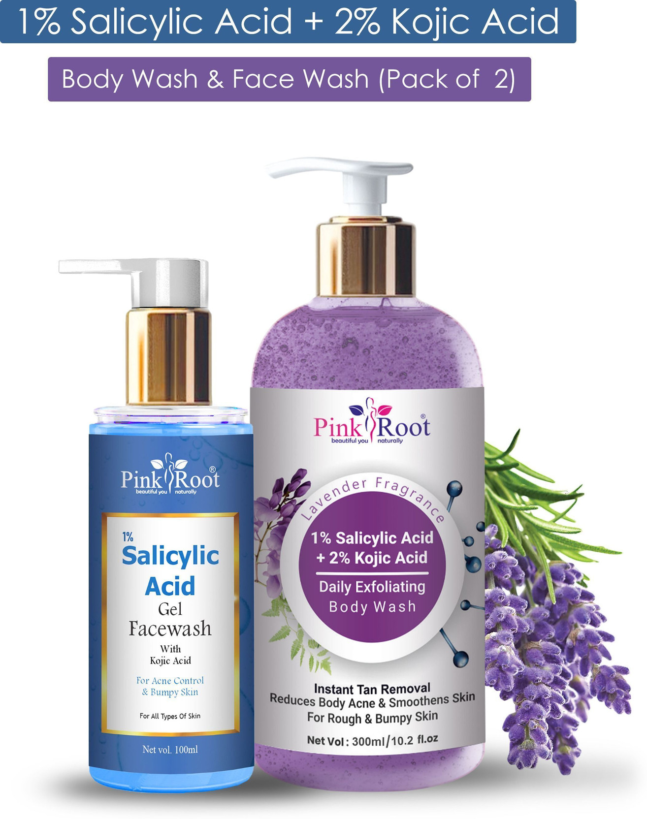 PINKROOT 1% Salicylic Acid & 2% Kojic Acid Shower Gel/Body Wash 300ml & Face wash 100ml