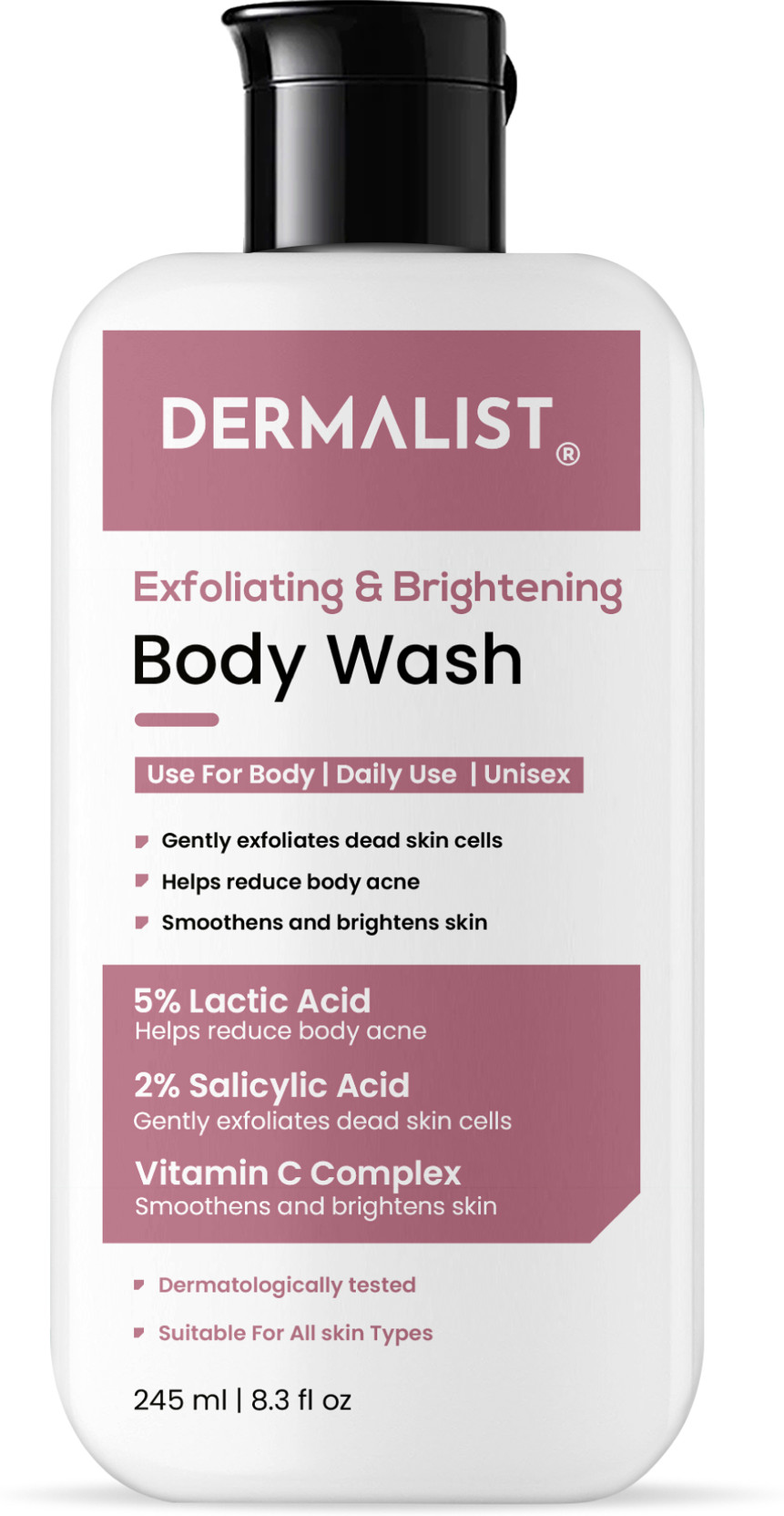 Dermalist Exfoliating Body Wash Lactic Acid & Salicylic Acid De-Tan Shower Gel Men & Women