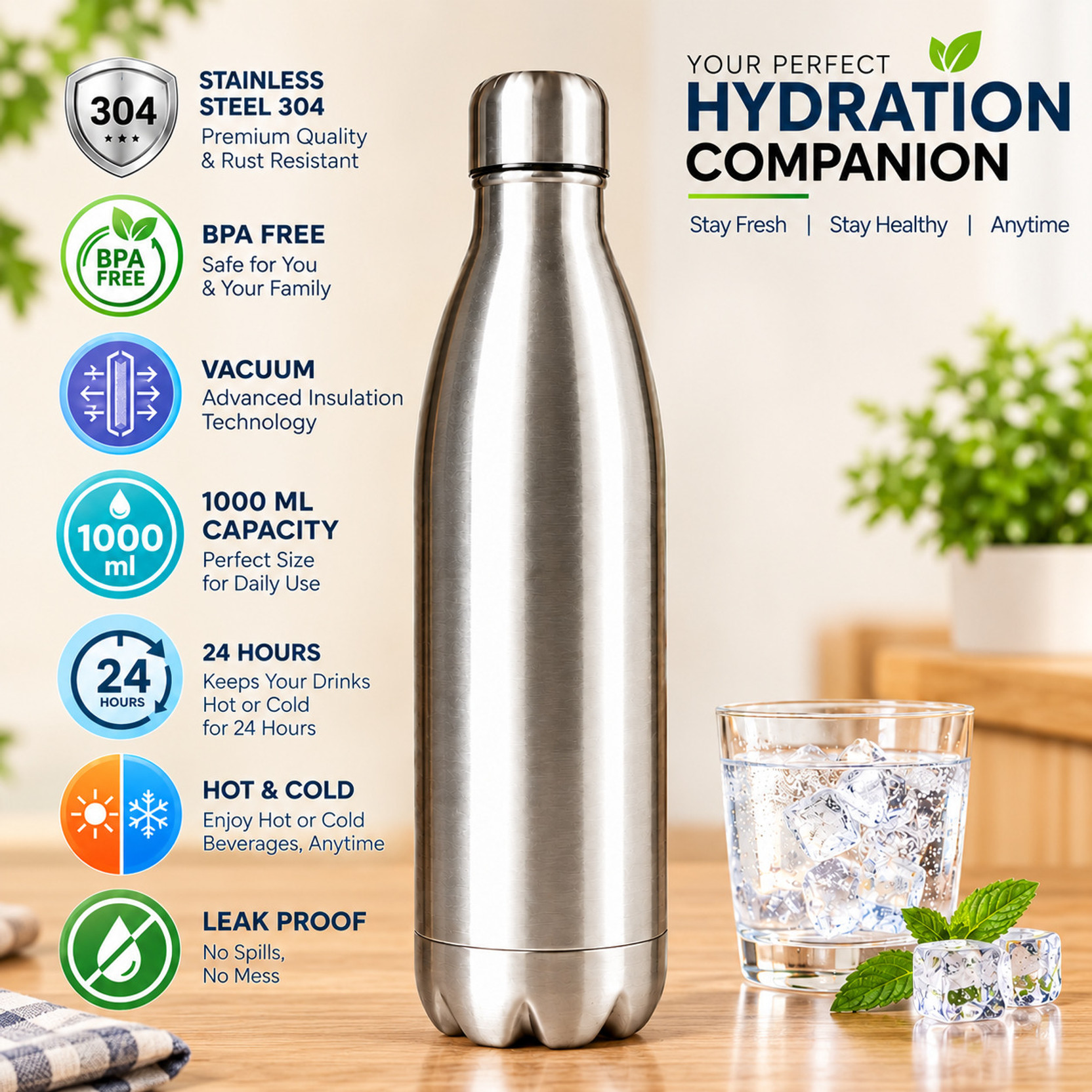 JBH Trends Steel Water Bottle, Hot & Cold Water Bottle 1000 ml Stainless Steel Bottle