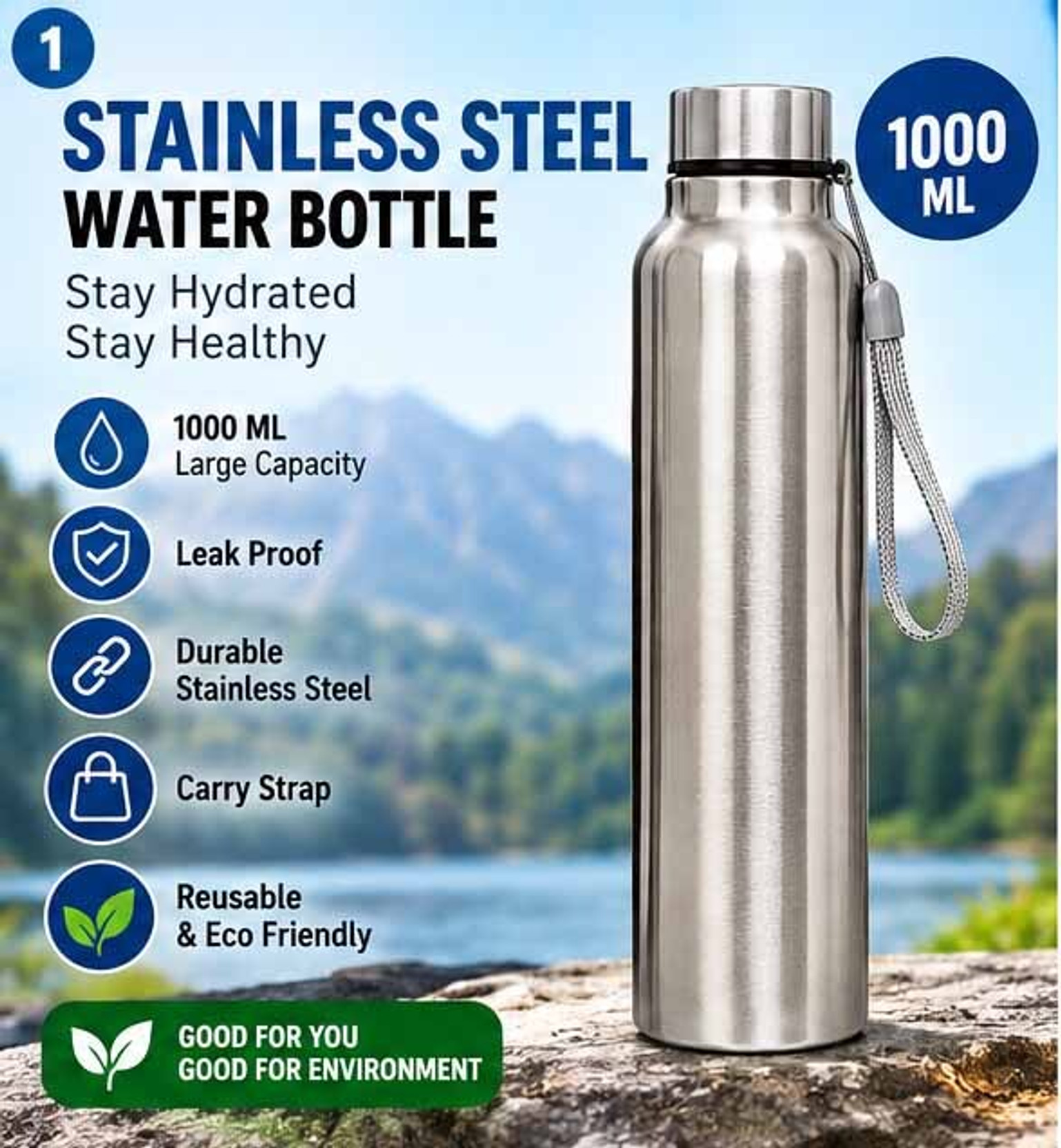 Alpha Kart Slim Stainless Steel Water Bottle 1000 ml Stainless Steel Bottle
