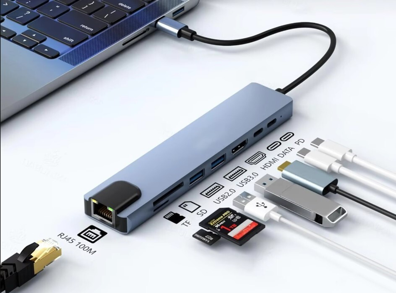Foxne Point 8-in-1 USB-C Hub 4K HDMI, 100Mbps Ethernet, USB 3.0, USB-C PD SD/TF Card Reader 8-in-1 USB Type-C Hub with 4K UHD HDMI, USB 3.0/2.0 & Ethernet Card Reader, HDMI Connector, USB Hub