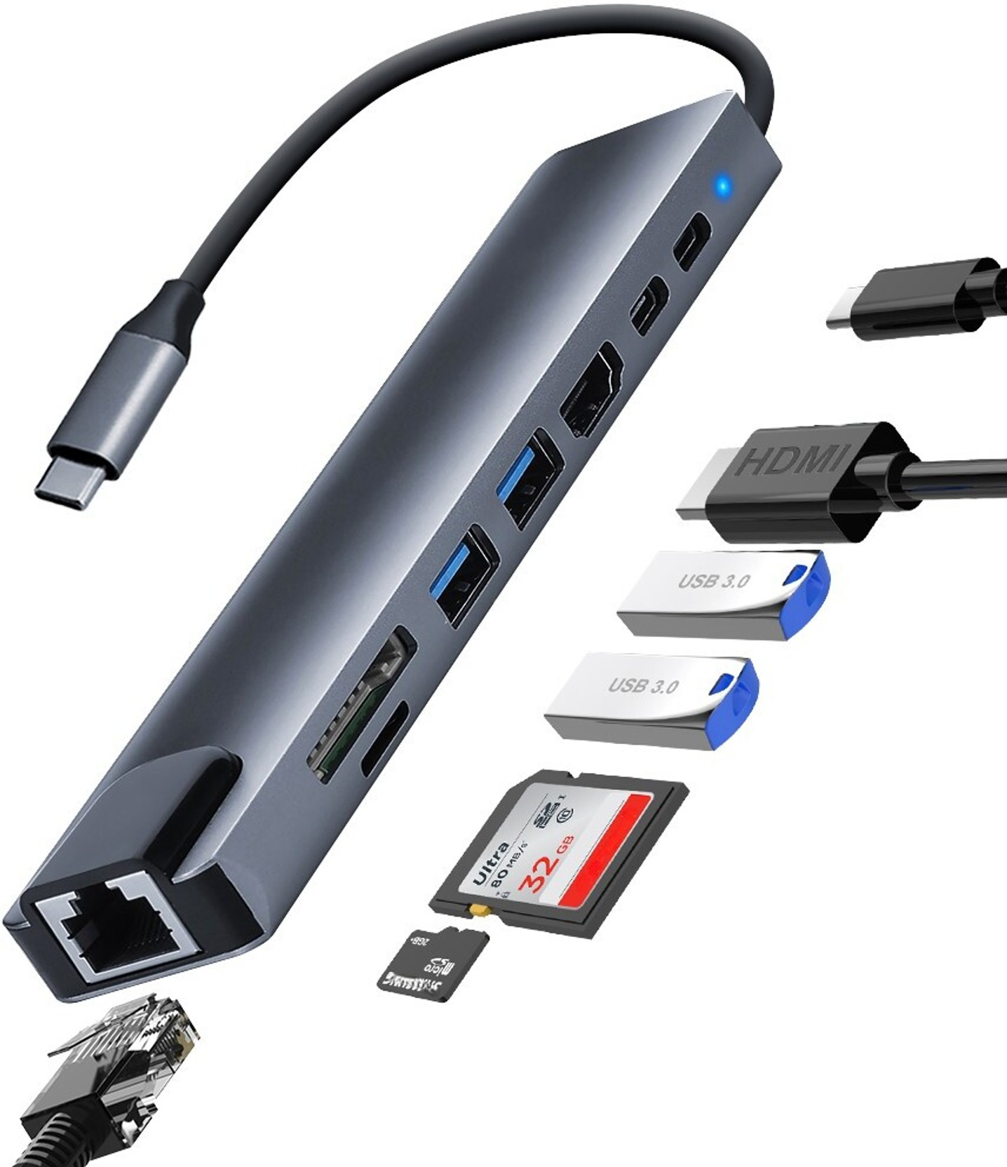 Foxne Point 8-in-1 USB-C Hub 4K HDMI, 100Mbps Ethernet, USB 3.0, USB-C PD SD/TF Card Reader 8-in-1 USB C Hub with 4K HDMI, 100Mbps Ethernet, USB 3.0 & SD/TF Reader Card Reader, HDMI Connector, Laptop 